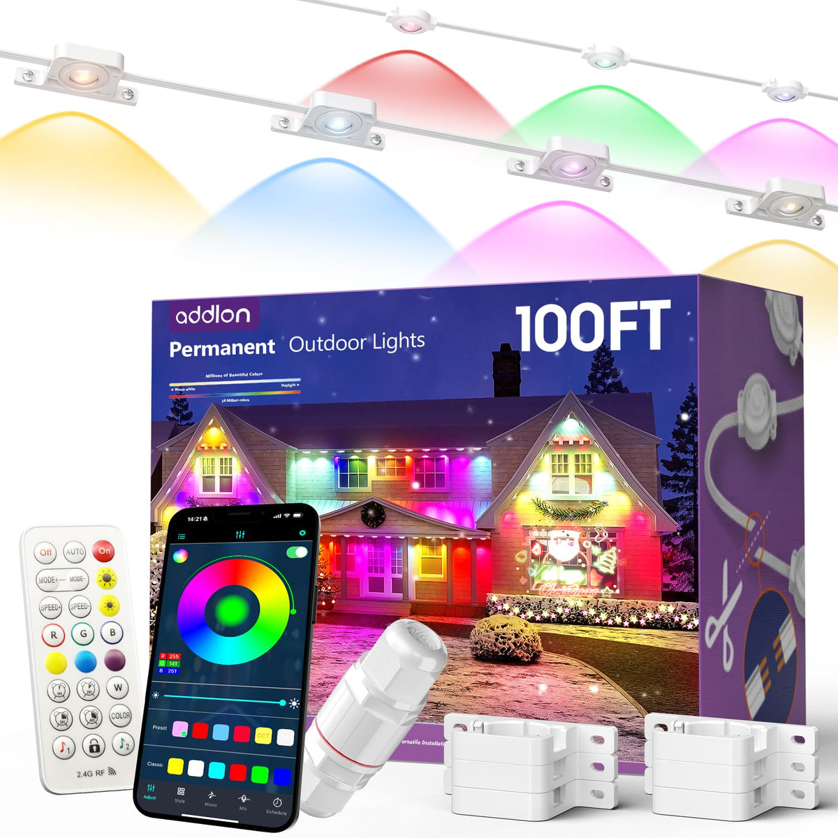 addlon Permanent Outdoor Lights, 100FT with 50 Dual-LED, Cuttable & Extendable, Remote & App Control RGB Eave Light, IP67 Waterproof Outdoor Lighting for House, for Halloween Décor, Christmas Light