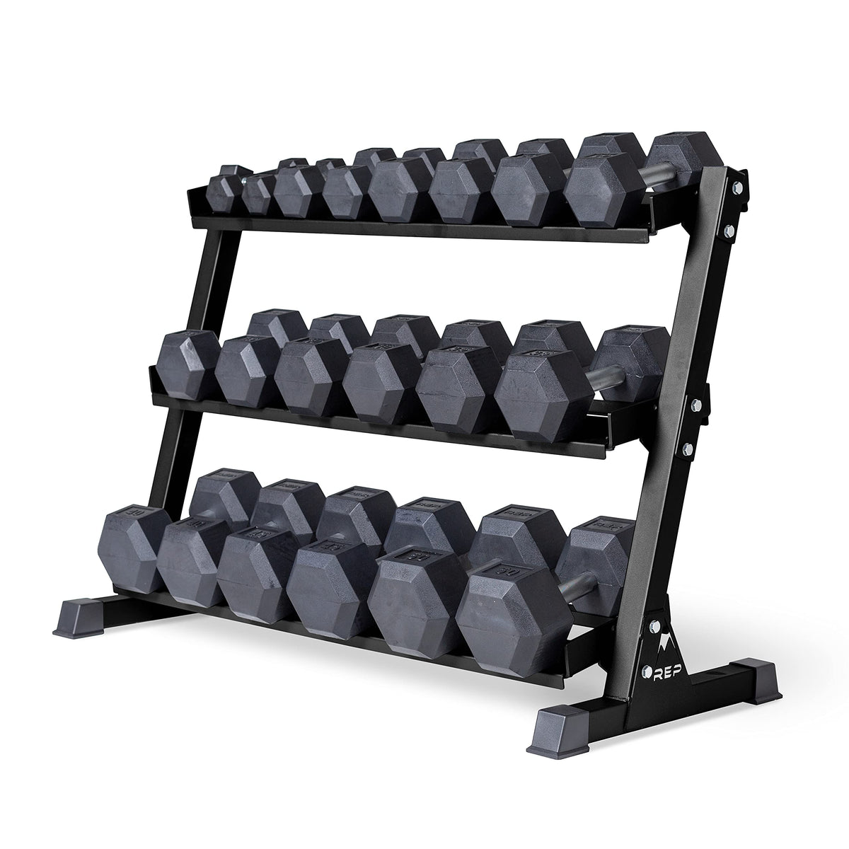 REP Fitness Rubber Hex Dumbbells, Include Black Rack, 5–50 lb Weight Pairs, Heavy-Duty Sets, Textured Handles, Bundled Package for Men & Women, Home Gym Strength Training, Lifting and Muscle Growth