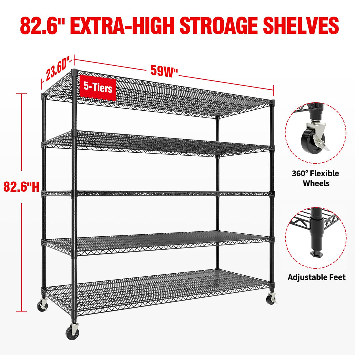 PeacefulHues 82.6" H Storage Shelves 3300LBS Heavy Duty Shelving Unit with Wheels & Feet, 5-Tiers Garage Shelving for Pantry Garage Kitchen Home Commercial, 82.6" H x 59" W x 23.6" D