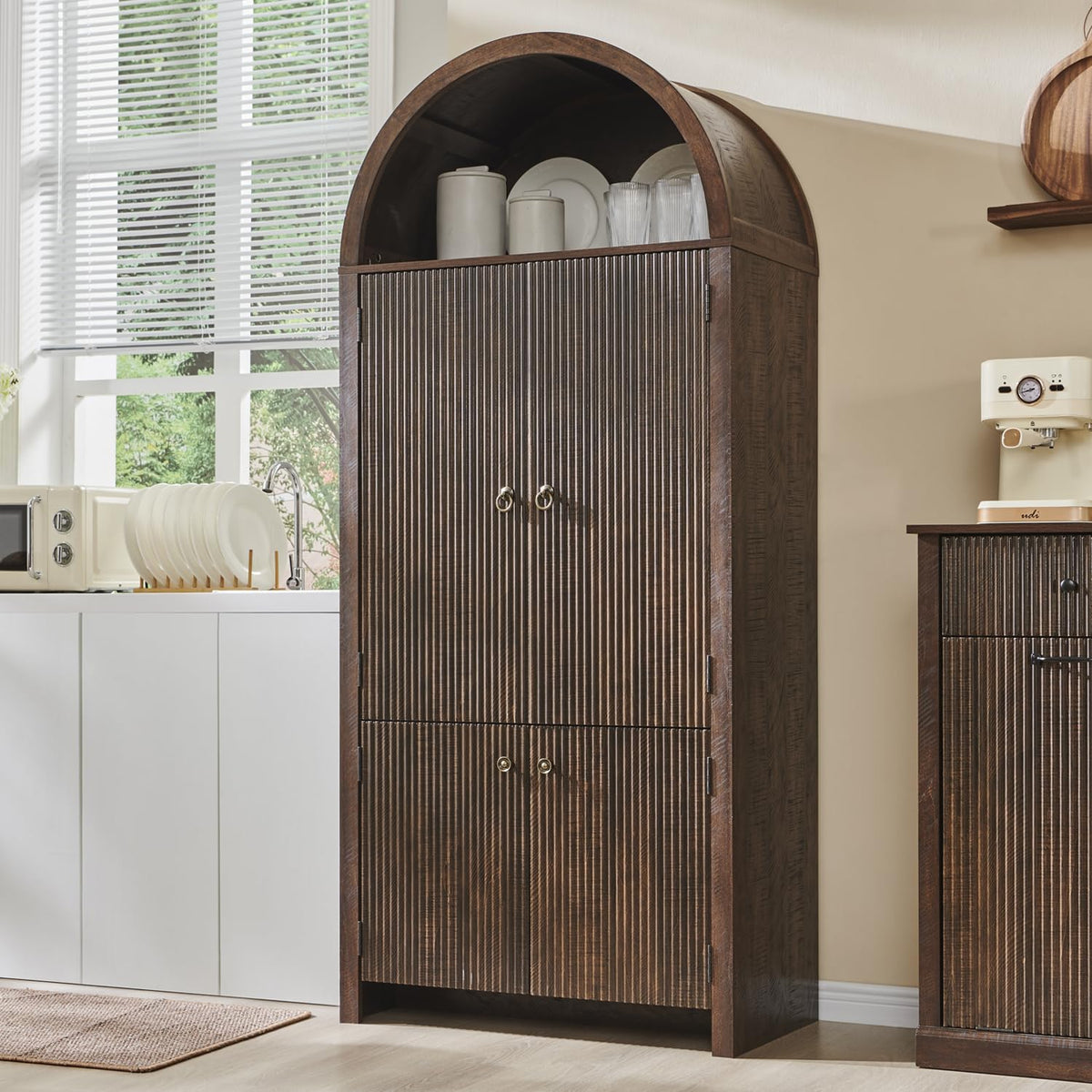 IFGET 71" Tall Arched Kitchen Pantry, Modern Fluted Wood Storage Cabinet with Doors, 3 Adjustable Shelves, 6 Door Shelves, Organizer, Versatile Cupboard for Kitchen, Bathroom, Brown