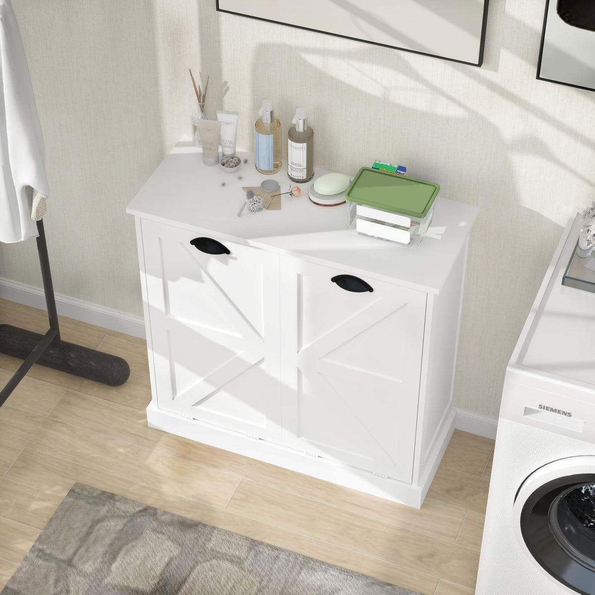Two Compartment Tilt Out Laundry Sorter Cabinet White WF804