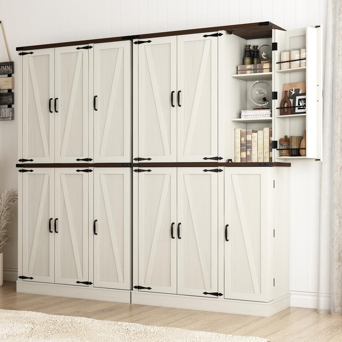 Hlivelood 71" Tall Kitchen Pantry,Farmhouse Storage Cabinet with Barn Doors,Organizer,Rustic Wood Cupboard,Farmhouse Pantry Cabinet for Kitchen,Dining Room,Living Room(Rustic White)