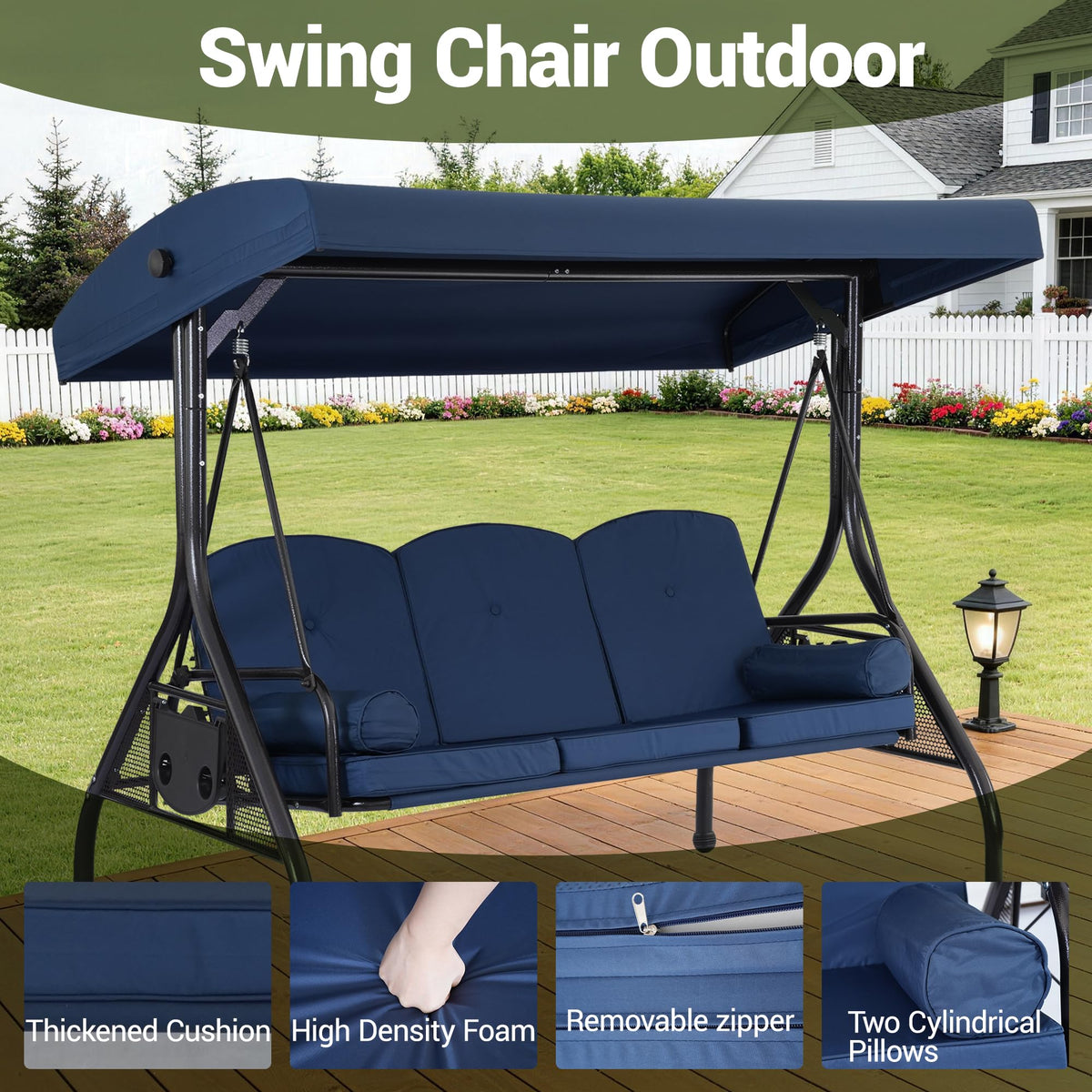 WINVO 3-Seat Outdoor Porch Swing with Adjustable Canopy, 2 in 1 Convertible Patio Swing Bed, Patio Glider Swing for Adult, with Cup Holder and Pillow for Backyard, Blue