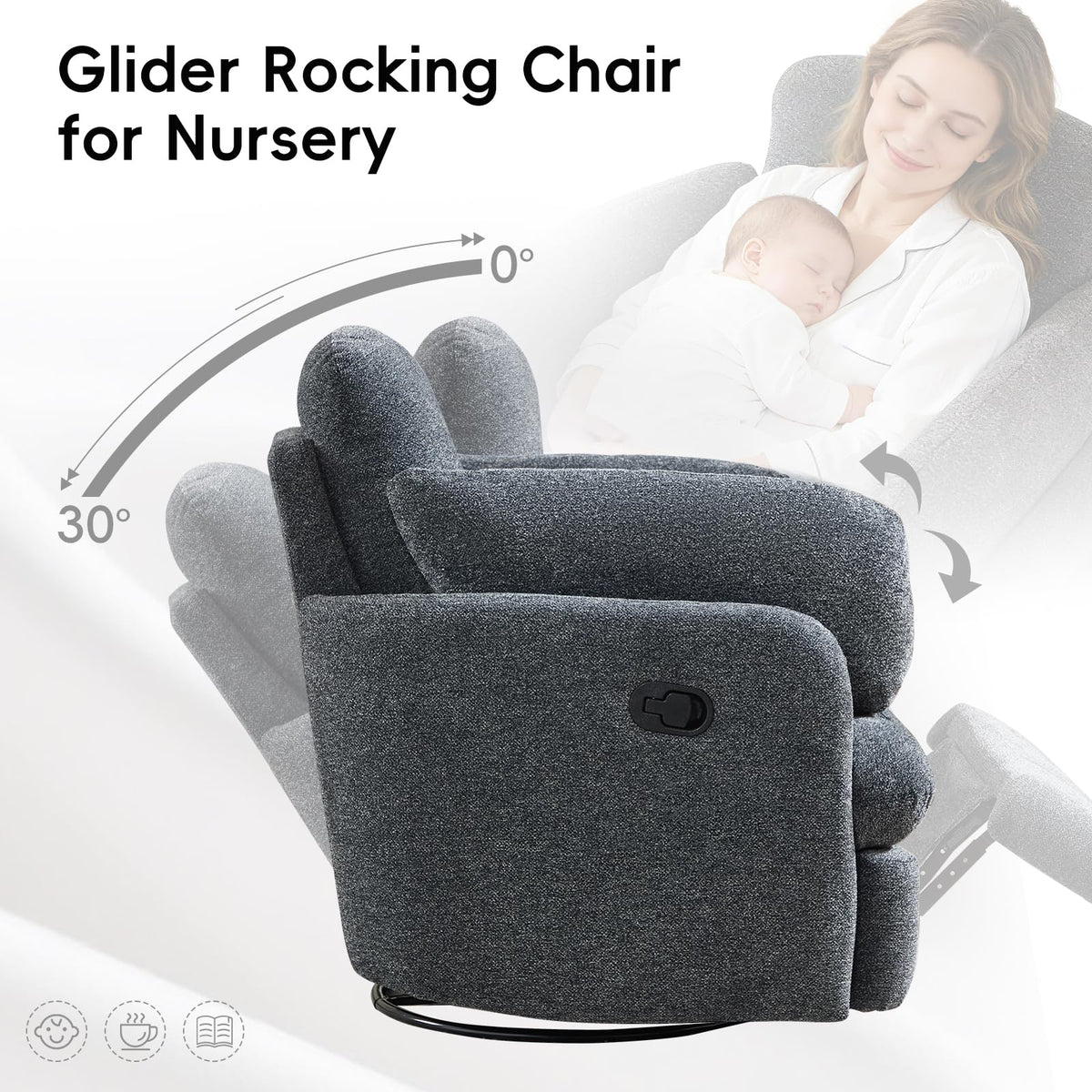 Bonzy Home Manual Recliner Chair, 360°Swivel Rocker Recliner Chair for Adults, Overstuffed Nursery Rocking Reclining Sofa with 2 Pillows and Hidden Storage, Dark Grey