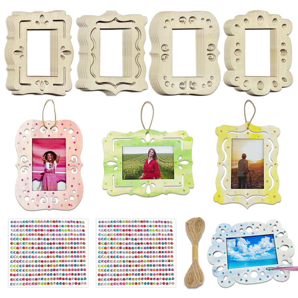 KitsyKraft DIY Wooden Photo Frame Craft Kit - 24 Pcs Unfinished Frames, 2 Rhinestone Sheets & 10m Twine for Personalized Home Decor