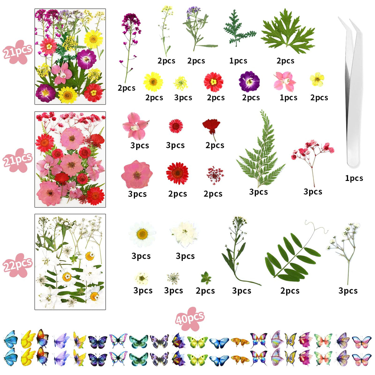 190 Pcs Dried Pressed Flowers for Resin, Real Dried Pressed Flowers for Resin Butterfly Stickers DIY Art with Tweezers Crafts Decorate for Candles Jewelry Nail Crafts
