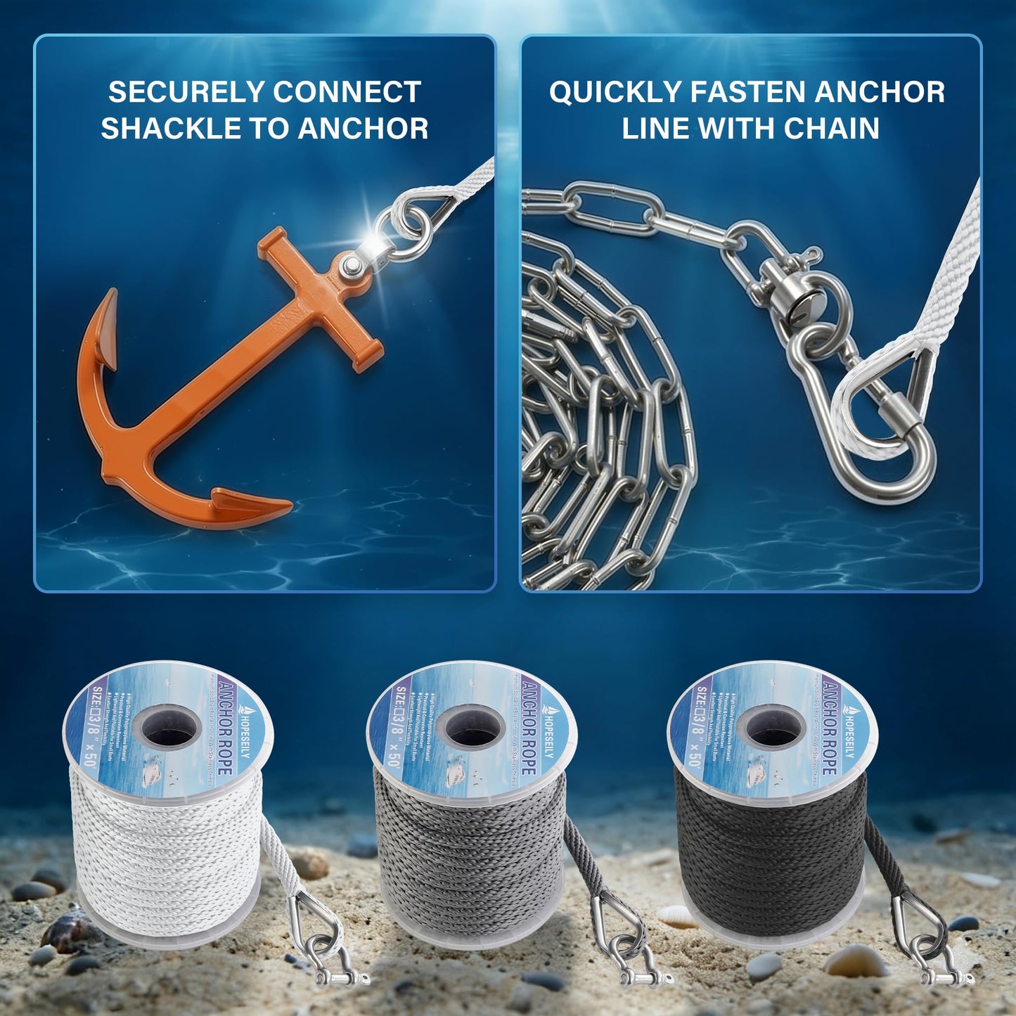 HOPESEILY 3/8 x 100FT Boat Anchor Rope, Premium Solid Braid MFP Marine Line with Stainless Steel Thimble & Shackle for Boats Jet Ski Yacht Dock, Heavy Duty (White)