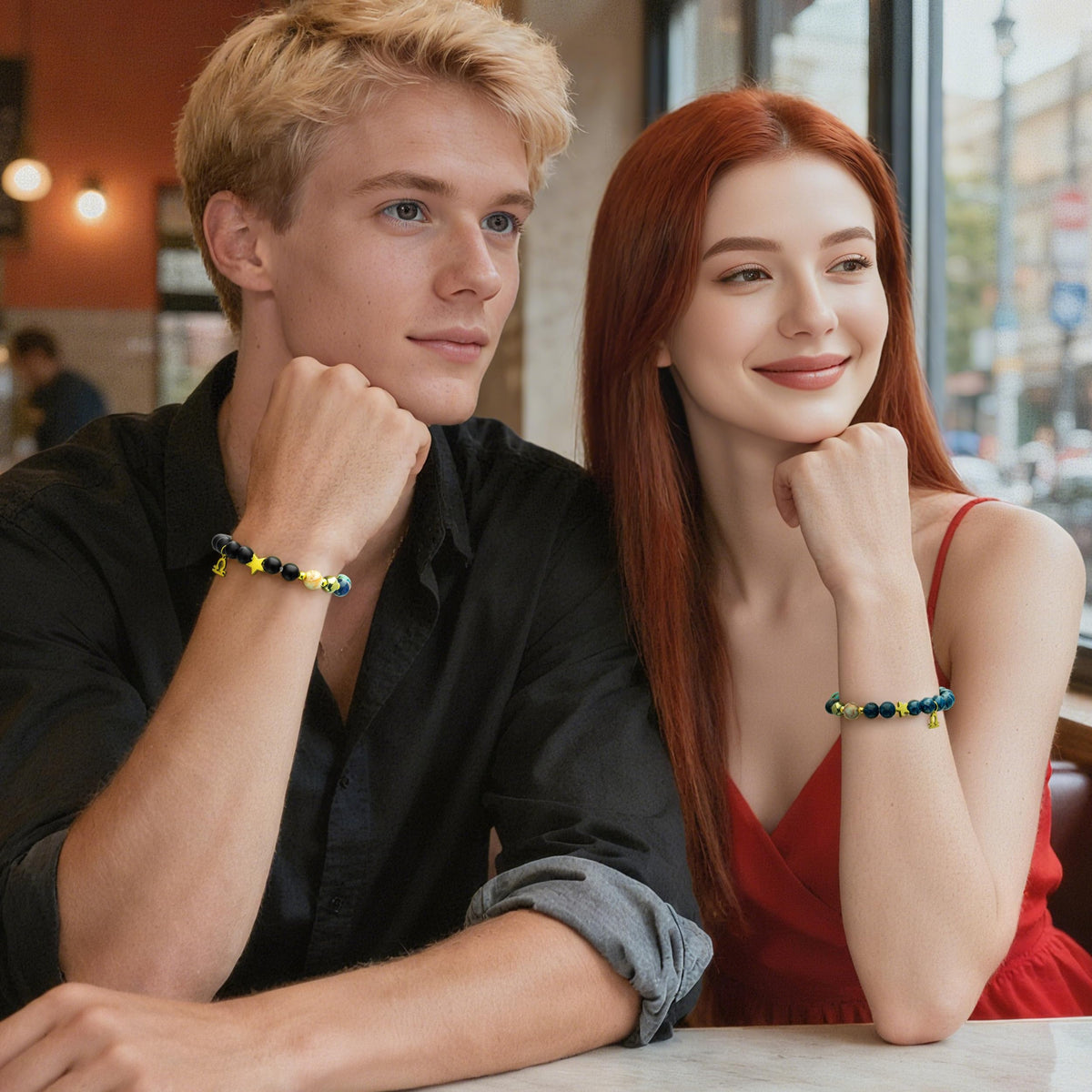 Zodiac Sign Bracelet for Couples – 12 Constellations Natural Stone Jewelry with Black Glass, Lapis Lazuli, Goldstone, White Howlite, Picture Jasper, Malachite, Red Agate & Blue Sodalite – Lucky Energy Gift (Aquarius - Blue)