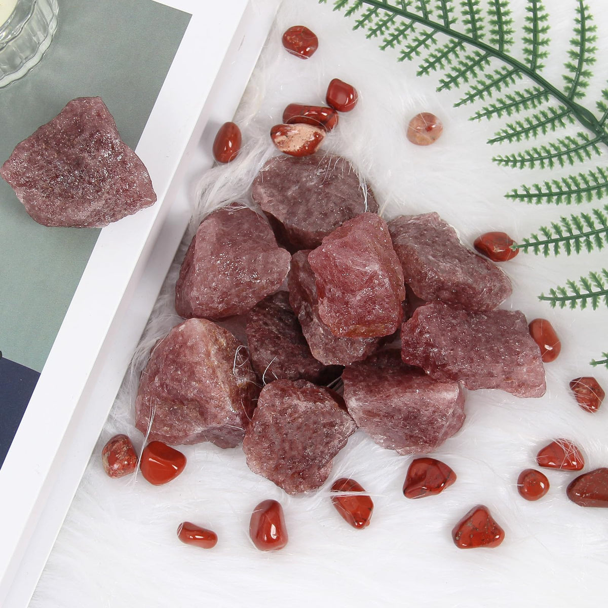 1.1lb Bulk Raw Red Strawberry Quartz Rough Crystal-Natural Red Strawberry Quartz Raw Stones Crystal for Tumbling, Cabbing, Decoration, Polishing, Wire Wrapping, Wicca & Reiki Crystal Healing
