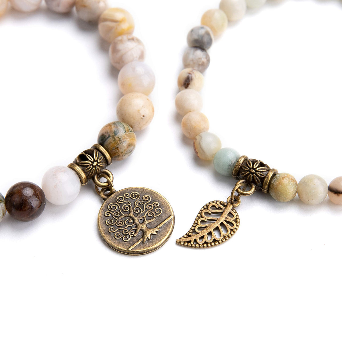 Bivei Natural Semi Precious Gemstone Beads Bracelet for Women - Life Tree and Leaf Charm Chakra Energy Anxiety Stretch Bracelets (Amazonite Beads)