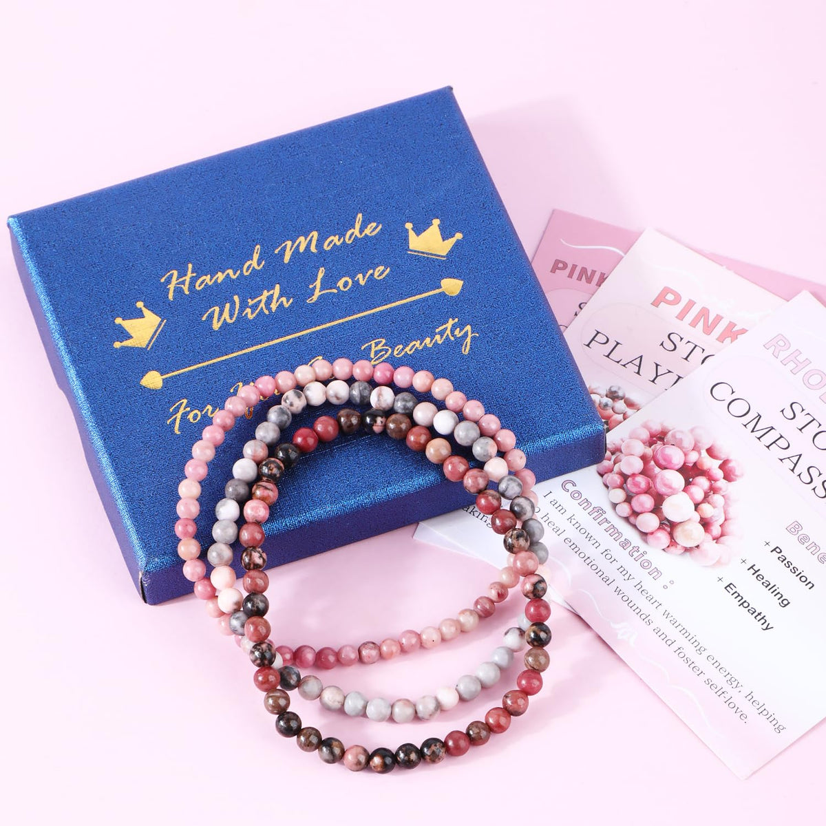 CMBYN 3-Pieces 4mm Natural Crystal Gemstone – ﻿Rhodochrosite, Pink Zebra, Pink Black Rhodonite Handmade Reiki Energy Healing Stretch Bracelets Jewelry for Yoga, Meditation, Unisex