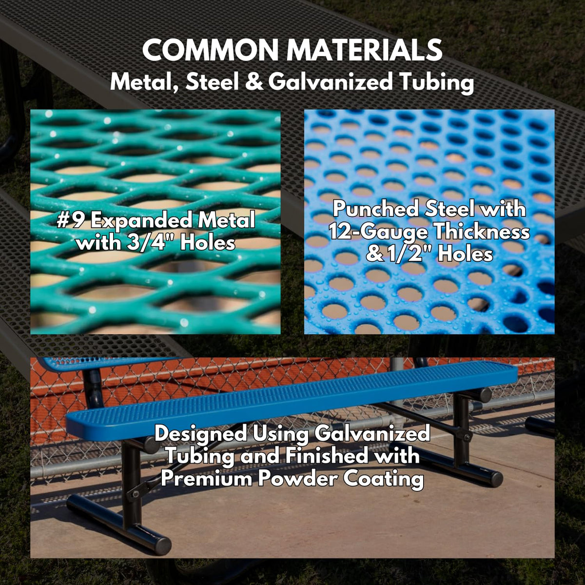 COATEDOUTDOORFURNITURE Heavy-Duty Portable Outdoor Bench Thermoplastic Coated, Expanded Metal, Commercial-Grade Seating, Made in America (Portable Without Back, 6 Ft, Dark Blue)
