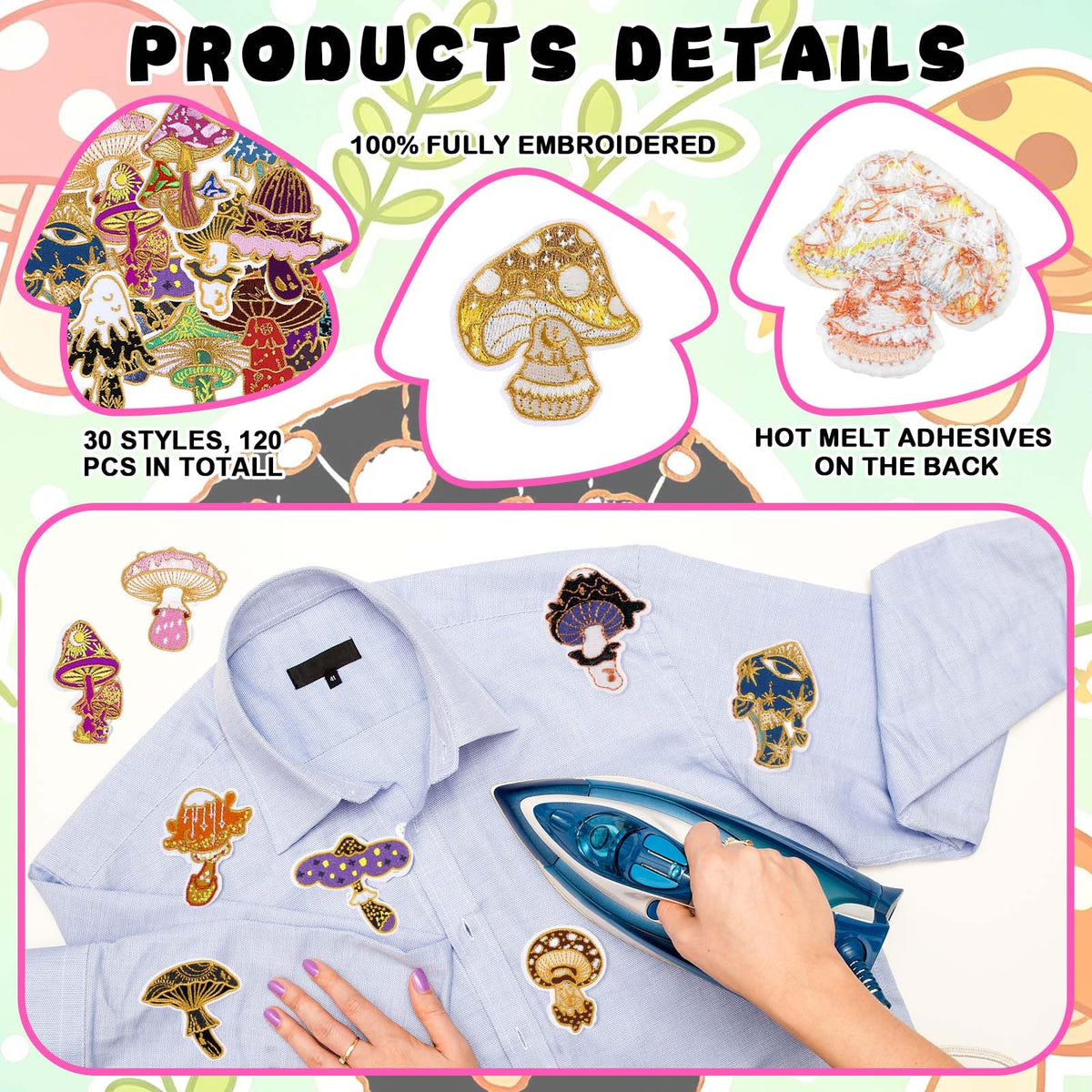 Thiccywoov 120 Pcs Iron on for Clothing Patches Mini Retro Patches Appliques Iron on Sew on Embroidered Stickers for DIY Gift Jackets Jeans Backpacks Hats Dress Pants Shoes Craft (Mushroom)