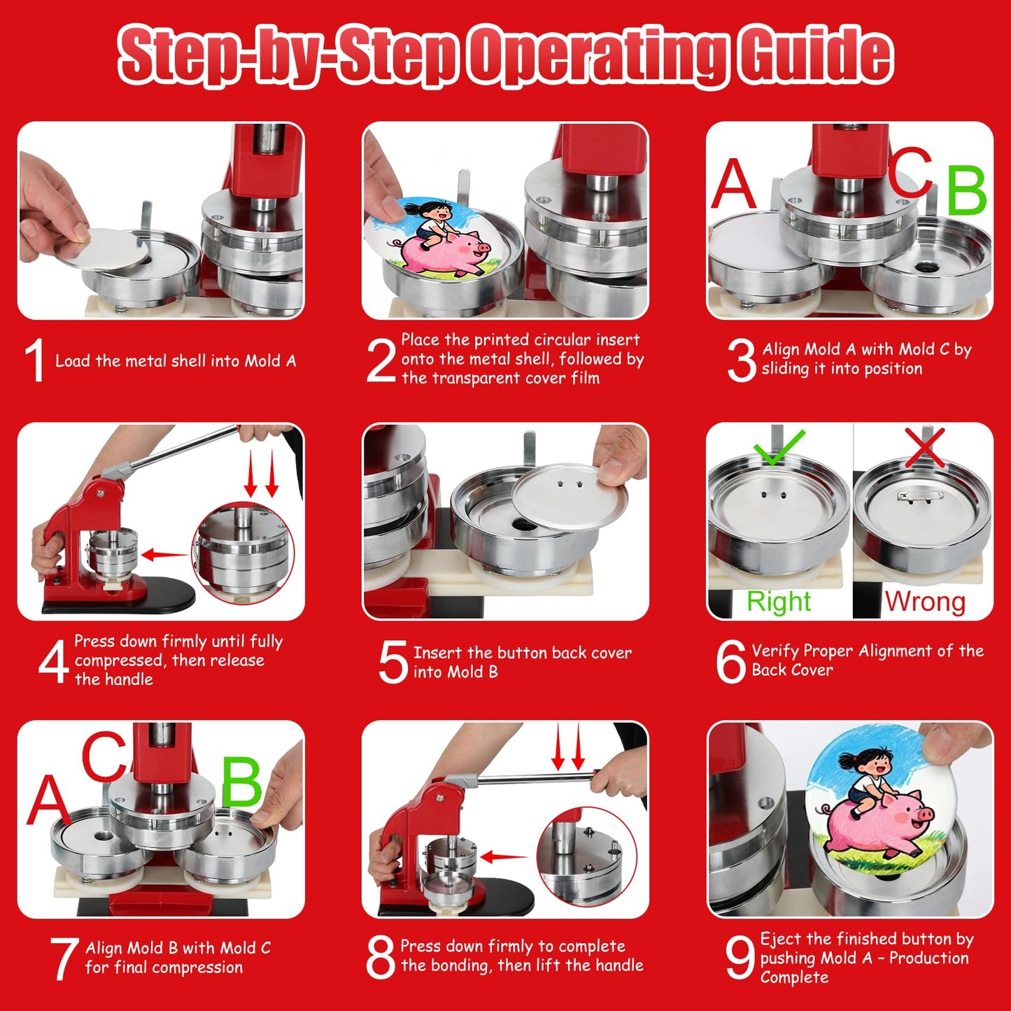 Multiple Sizes Button Maker Machine, Interchangeable Badge Press 1.25 Inch + 2.25 Inch + 3 Inch, DIY Pin Button Making Machine with 300 Sets Supplies, Circle Cutter and Cutting Mat Included