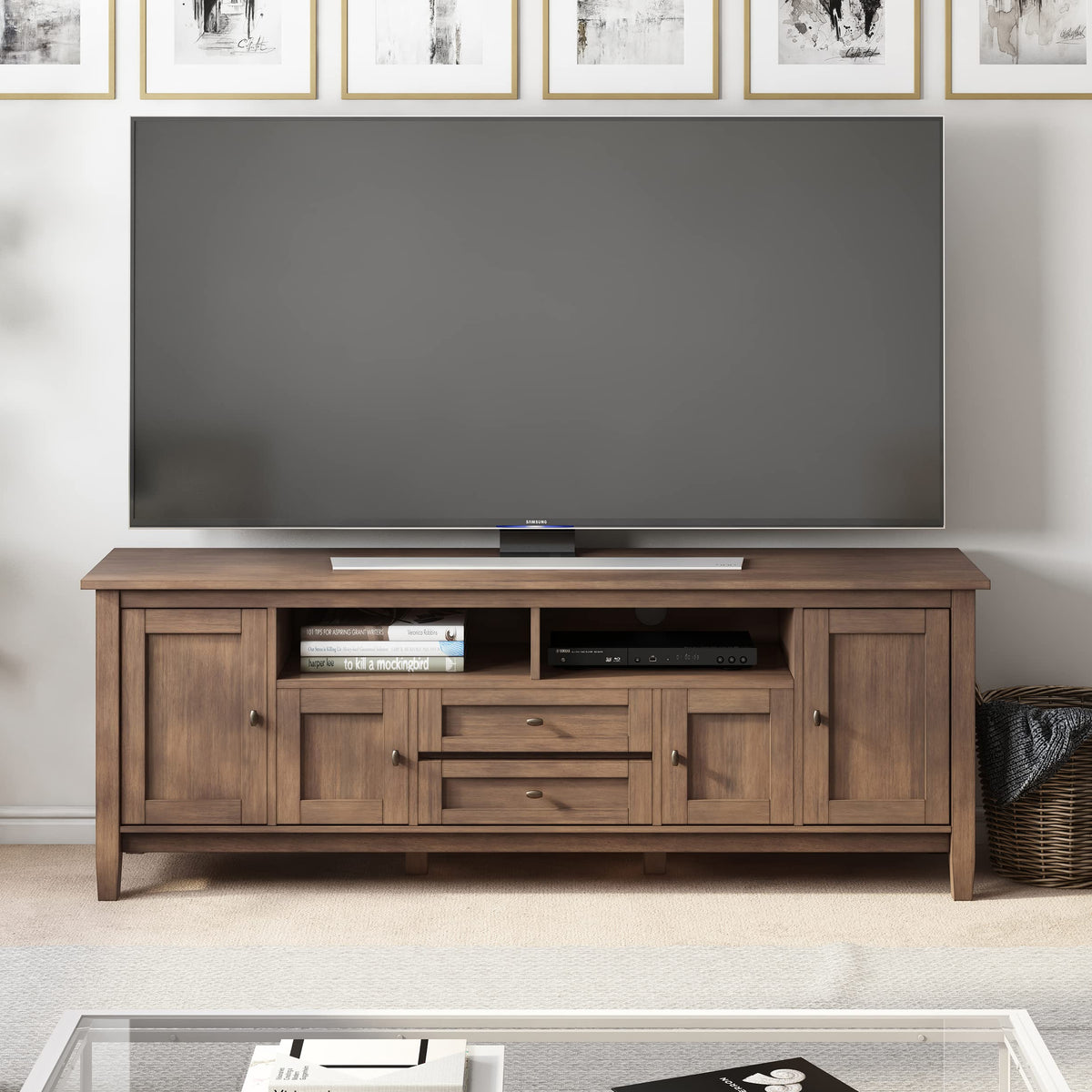 SIMPLIHOME Warm Shaker TV Stand - 72 inch Wide Solid Wood Media Console in Rustic Natural Aged Brown, Transitional Entertainment Center for Living Room for TVs up to 80 Inches with Cable Management