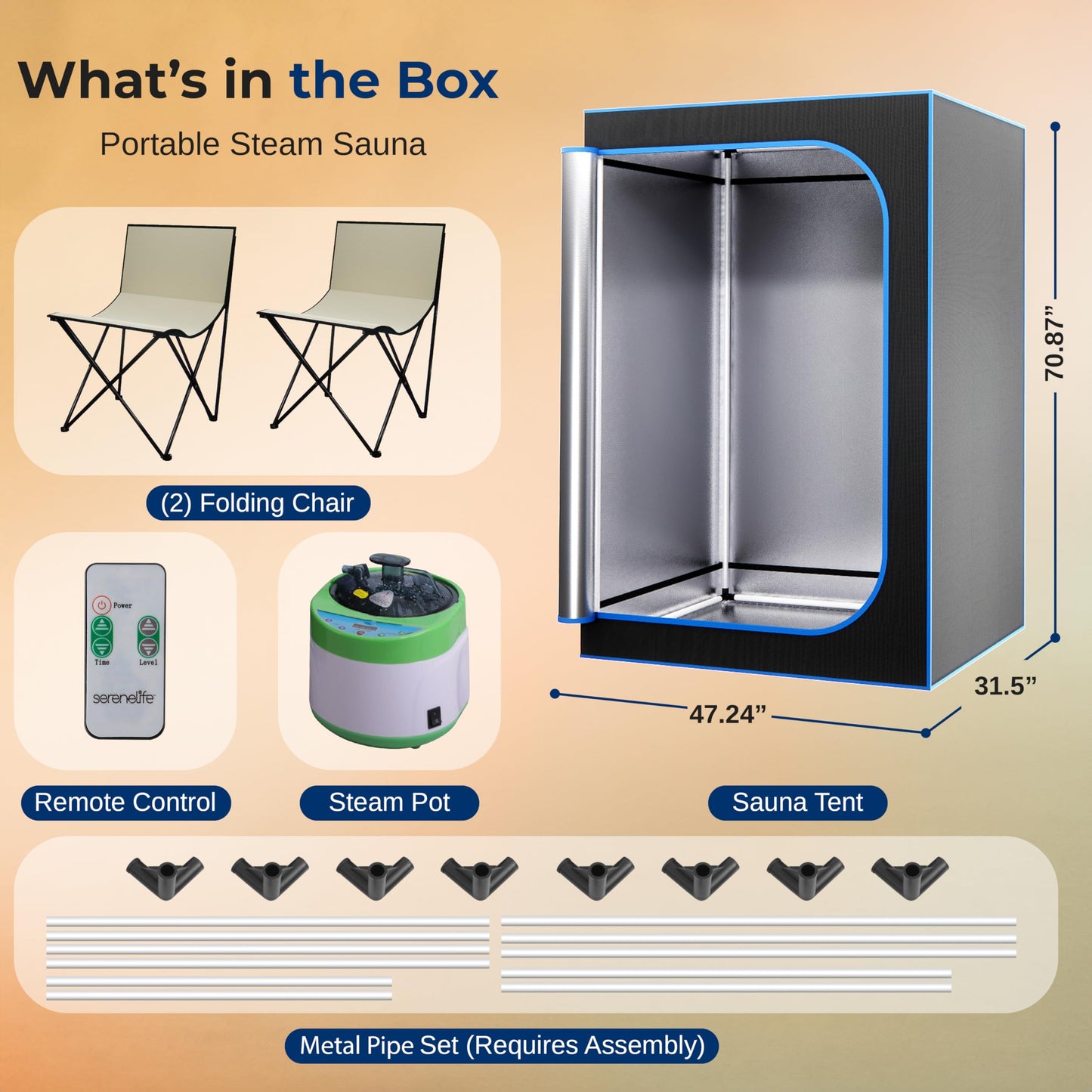 SereneLife Portable Sauna for Home, 2 Person Steam Tent with 4L Steamer 6' x 4', 2 Folding Chairs, Remote Control in-Home Spa