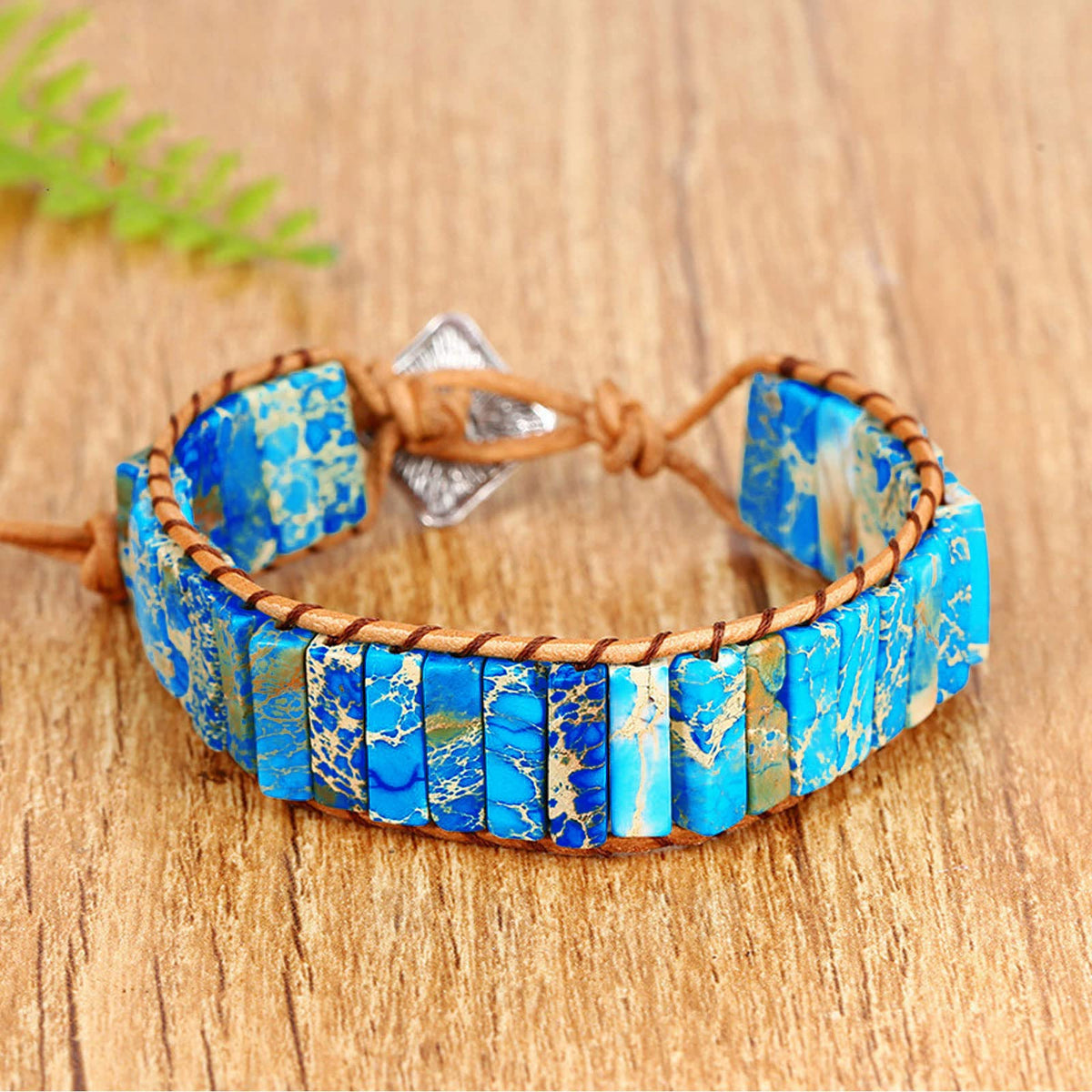 KunBead Blue Chakra Imperial Jasper Bracelets for Women Healing Crystal Natural Stone Bead Leather Wrap Handmade Rope Adjustable Bracelets