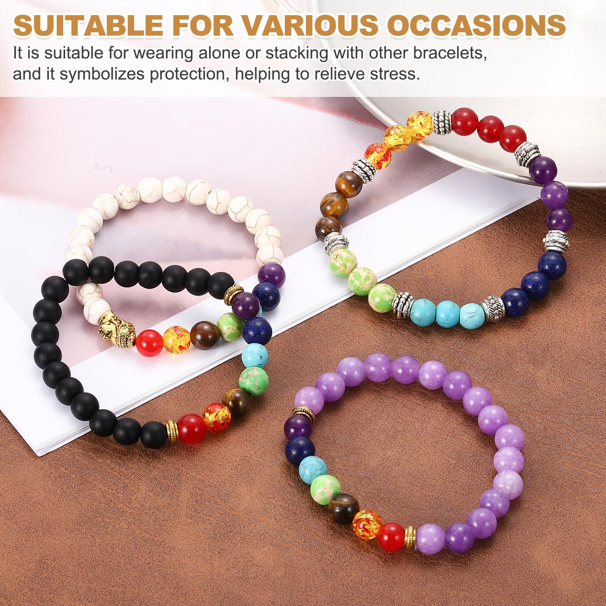PATIKIL 7 Chakra Beads Bracelet 8mm Prayer Protection Natural Stone Beaded Bracelet for Men Women, Purple