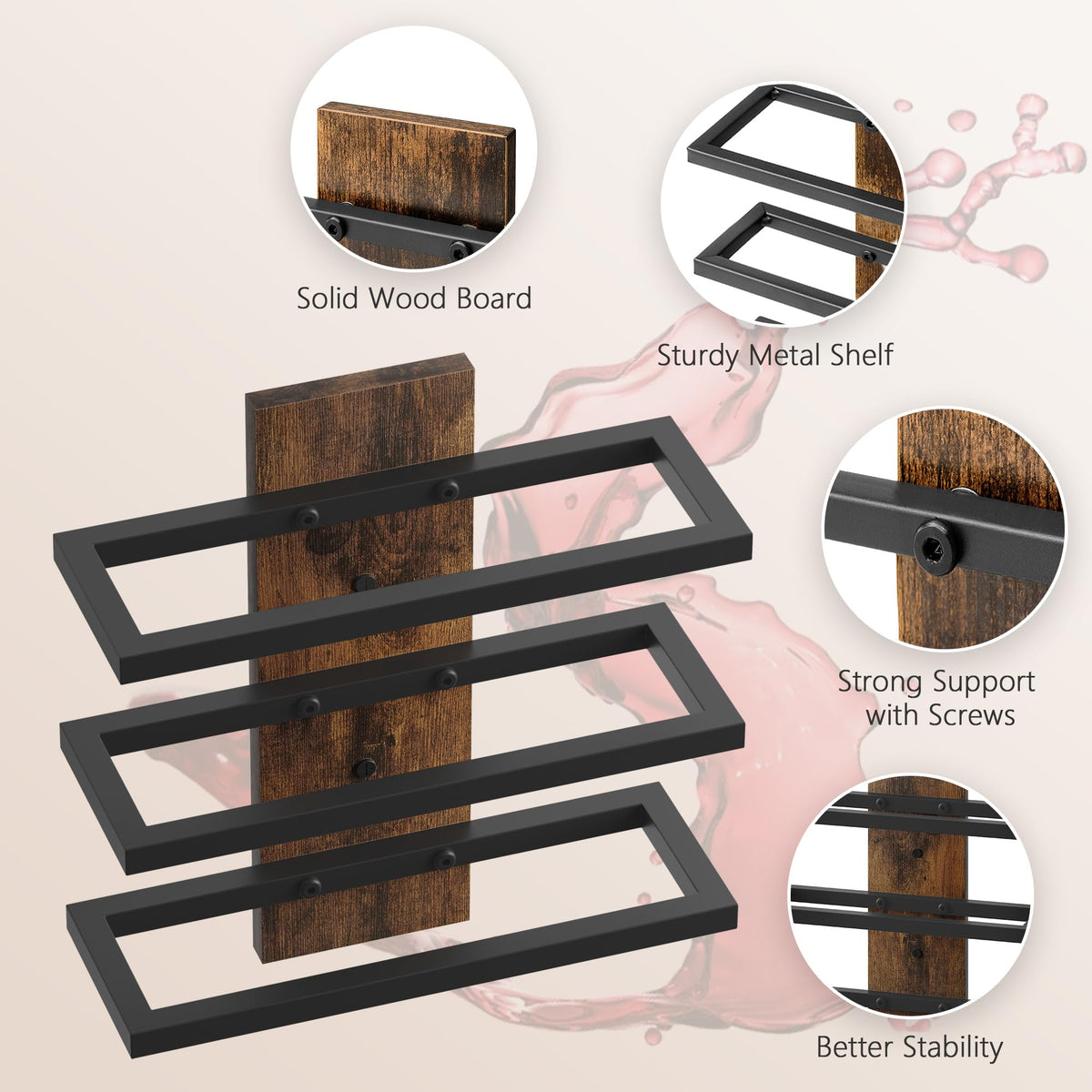 Hoctieon 3-Tier Wall Mount Wine Rack, Wall Mounted Wine Bottle Racks for Display and Storage, Hanging Bottle Holder, for Living Room, Dining Room, Bar, Wine Cellar, Rustic Brown