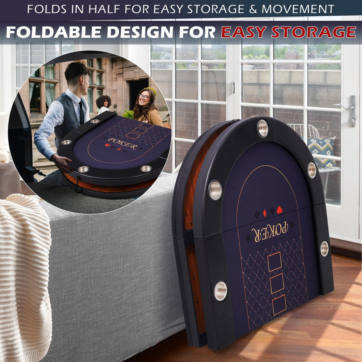 REAHOISY 10 Player Poker Table Foldable, Folding Texas Holdem Casino Table with Padded Rails & Cup Holders, Portable Poker Game Table for Home or Game Room, 84 Inch
