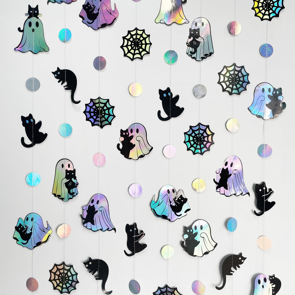 Iridescent Black Halloween Decorations Holographic Ghost Black Cat Spider Web Polka Dot Paper Hanging Garland Streamer Banner for Halloween Birthday Baby Shower Bachelorette Wedding Party Supplies