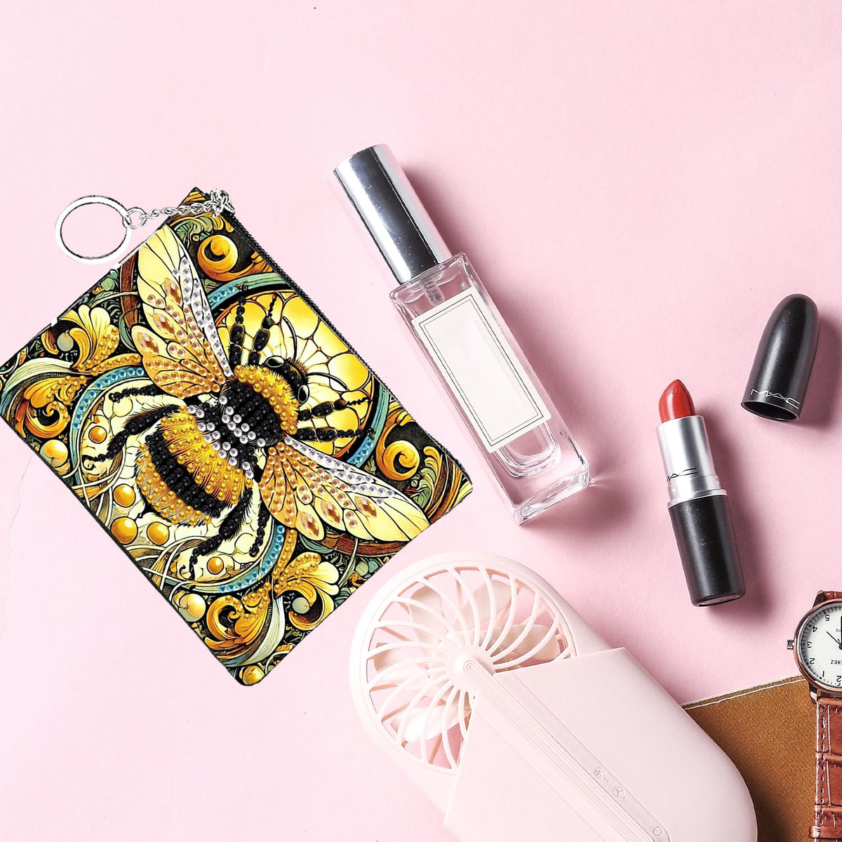 JZHYOAN Diamond Painting Small Coin Purse for Women DIY Coin Pouch Coin Purse with Zipper and Keyring Diamond Art Purses and Wallets Handbags Wallet Keychain for Cards Keys Bee