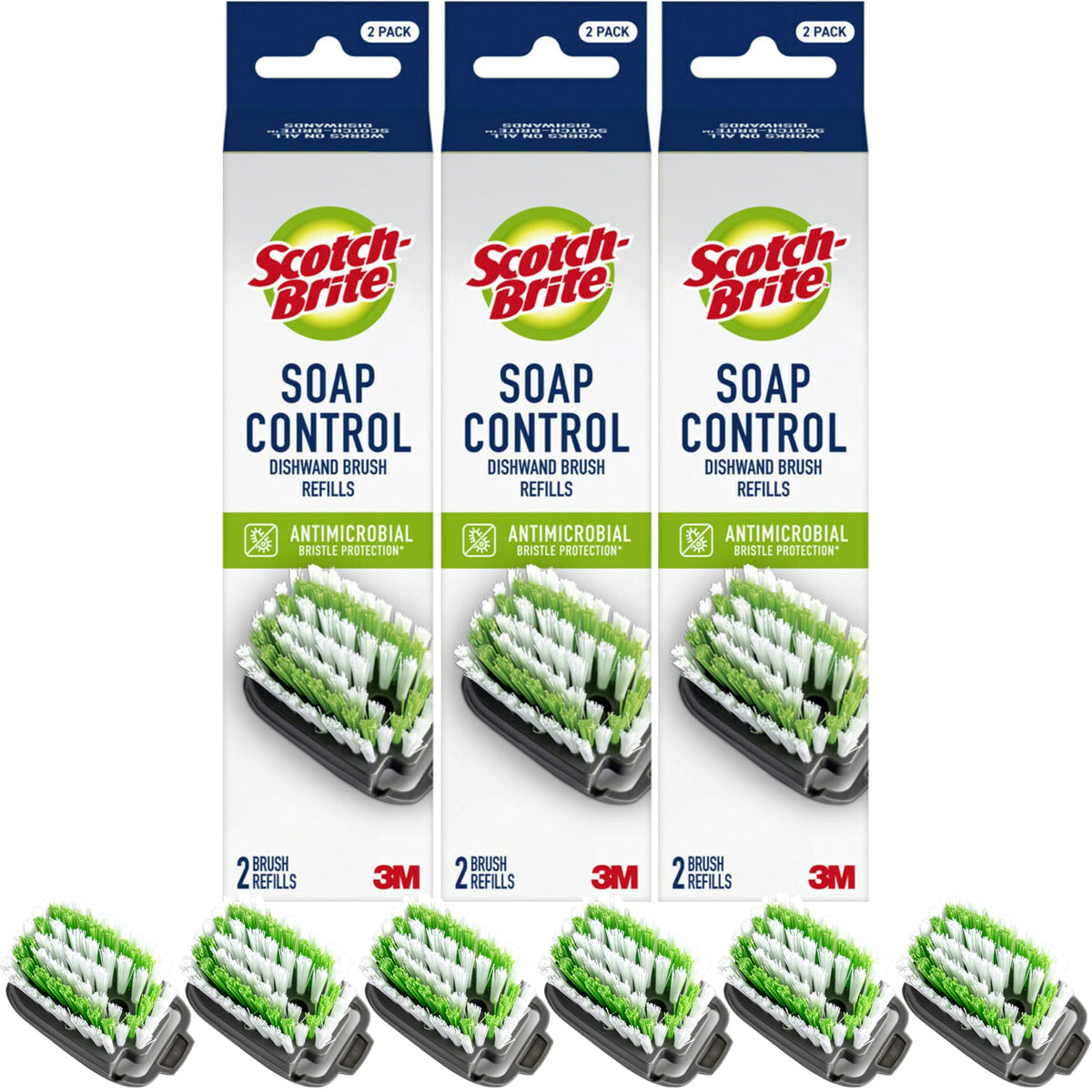 Scotch-Brite Soap Control Dishwand Brush Refills, Non-Scratch Scrub Brush Heads, Durable & Odor-Resistant, 3 Count (6 Total Refills)