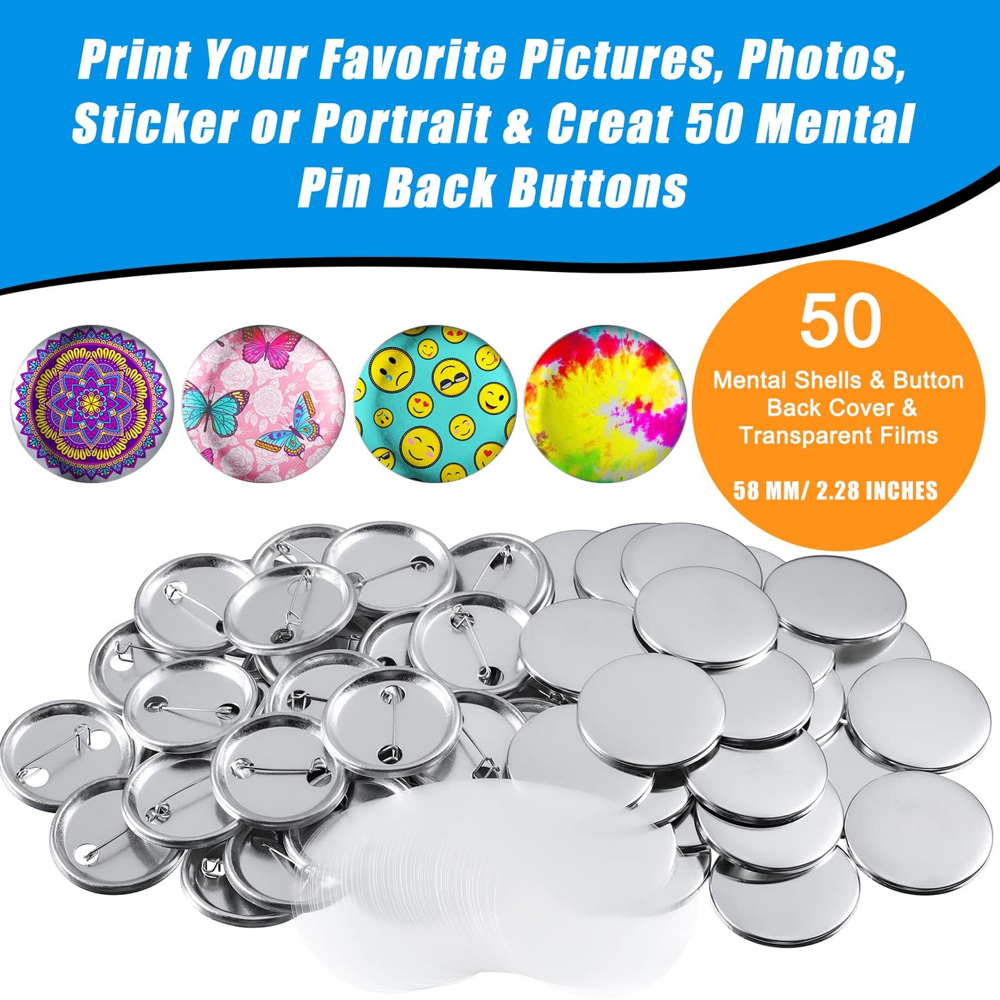150 Pcs Blank Button Making Supplies Round Button Parts Metal Badge Sets for Badge Maker Machine, Include Metal Shells Back Cover Clear Film Components(58 mm/ 2.28 Inch,Silver)