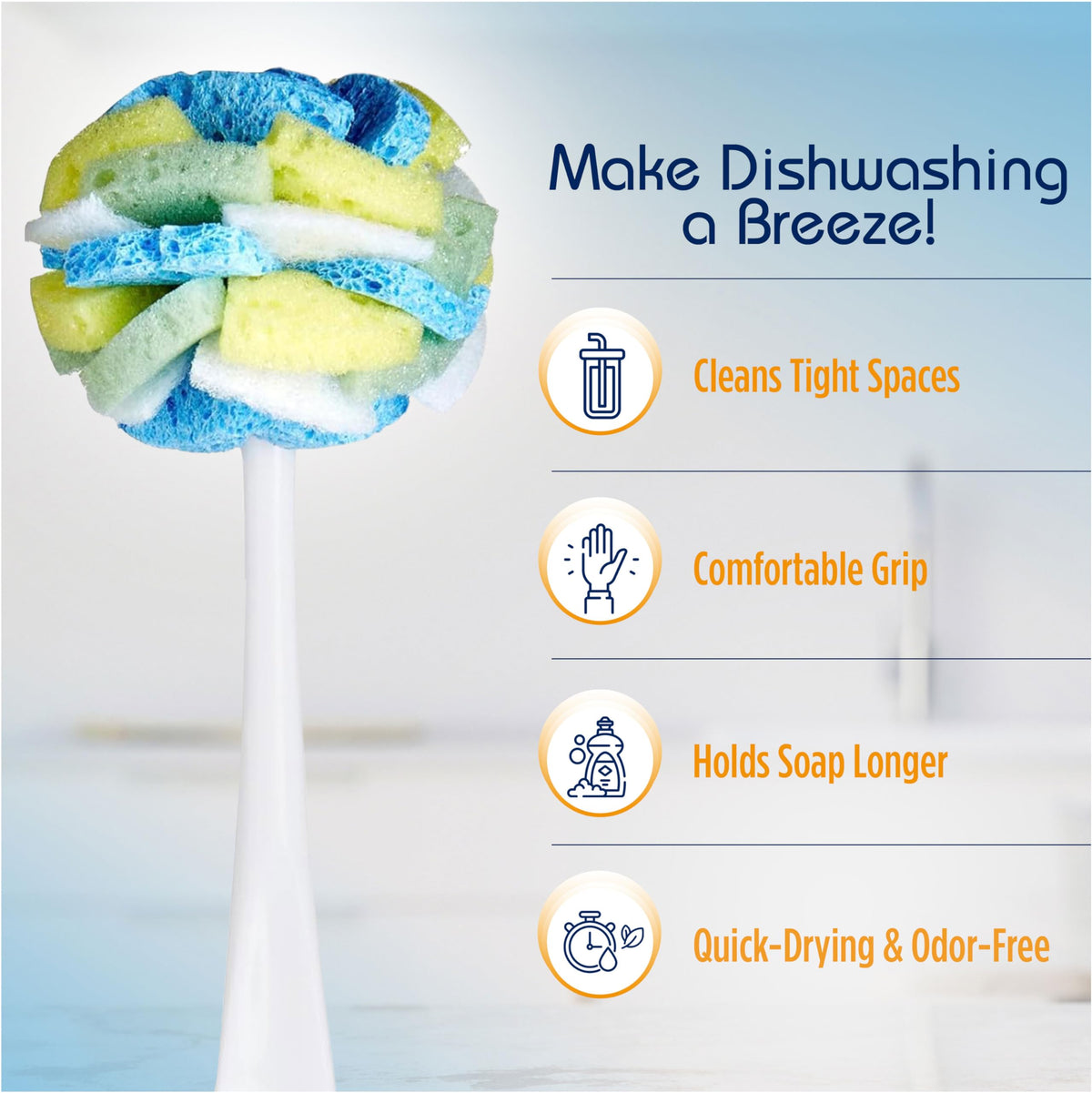 Compac Home Dish SpongeWand Plus Tri Surface Scrubbing Sponge with Cello Foam Scour Sponge Petals, Cleans Dishes, Glassware 360 Scrubber Pads for Tough to Clean Pots Pans, Multi-Color, (Pack of 6)