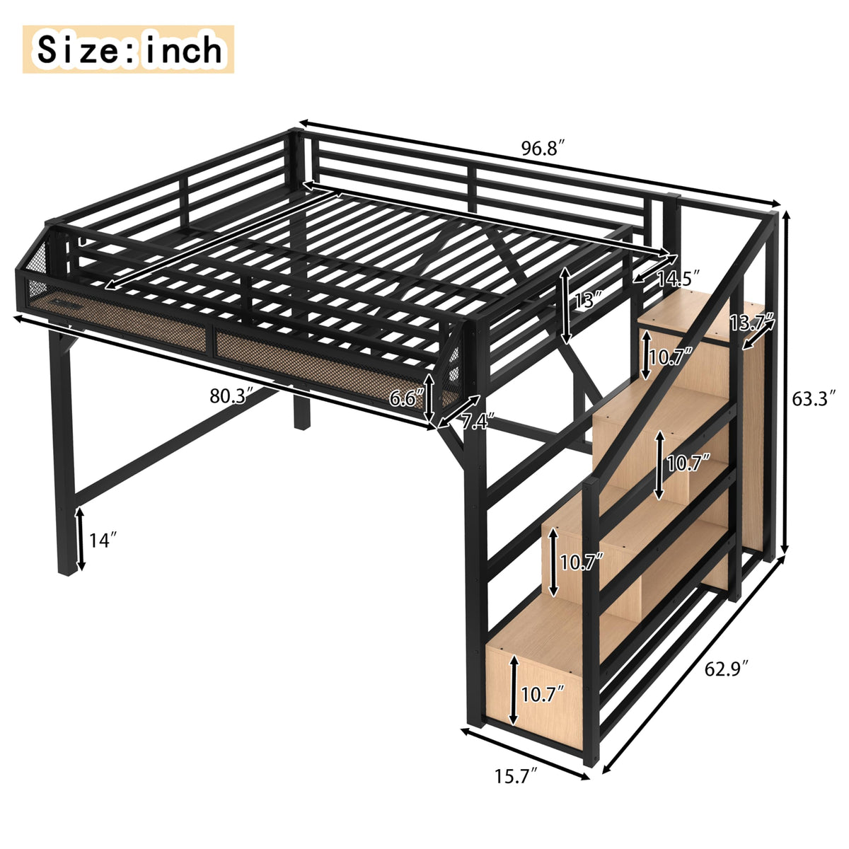 Bellemave Queen Size Loft Bed with Stairs and Wardrobe,Heavy Duty Metal Loft Bed Frame with Shelves,LED Lights and Charging Station for for Kids,Teens,Adults,Natural Wood