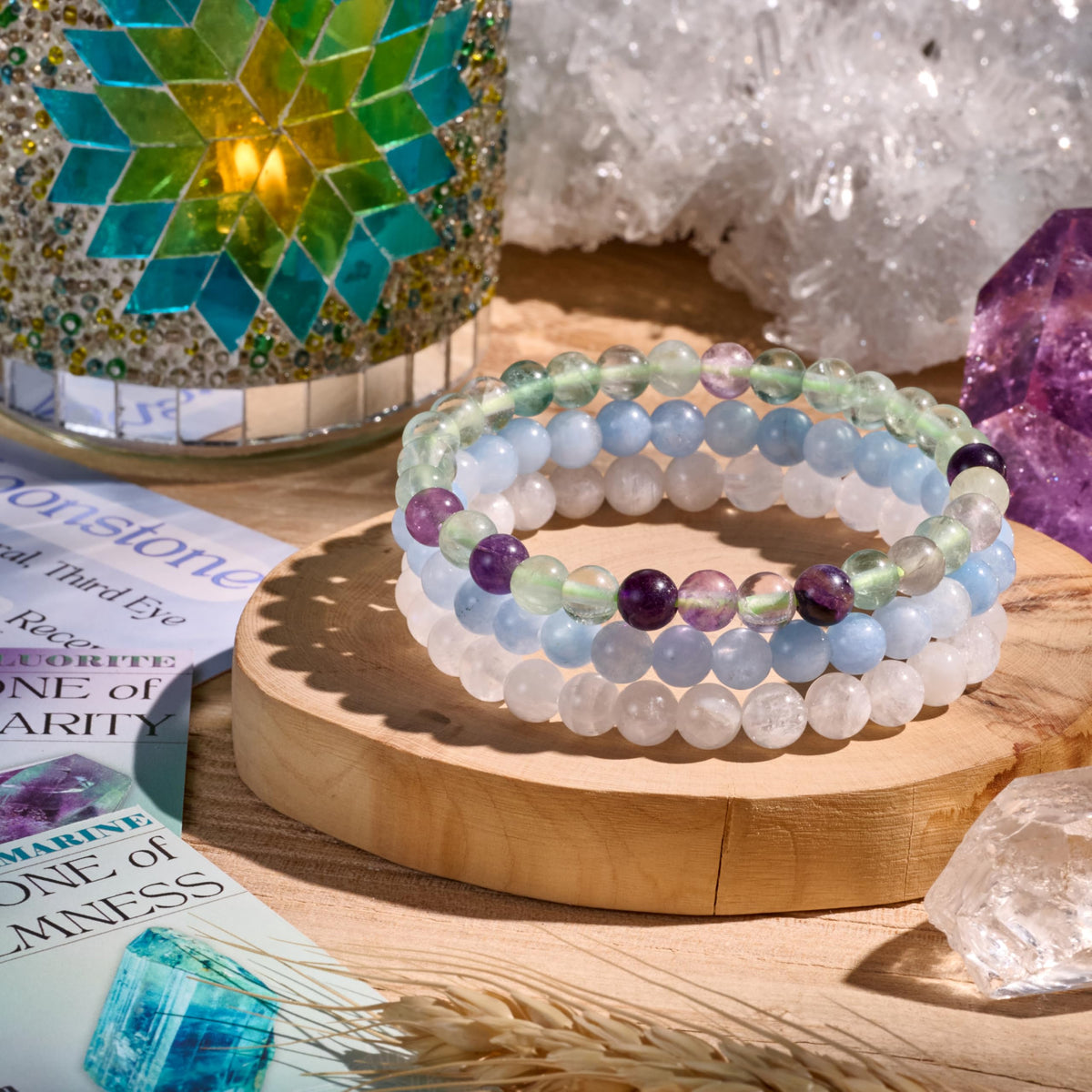 Bivei 3-Piece 8mm Beaded Bracelets for Women – Moonstone, Aquamarine, Fluorite – Handmade Natural Crystal Stretch Elastic Jewelry for Meditation, Yoga, Protection Gifts