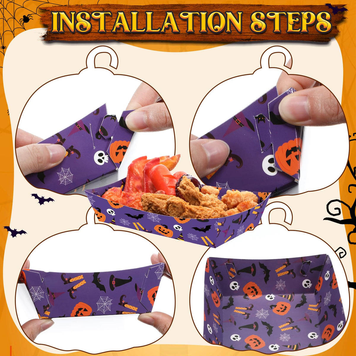 Acellegic 100 Pcs Halloween Paper Disposable Tableware Paper Food Trays Serving Boats Snack Food Container 9 oz Pumpkin Ghost Bats Disposable Cups Black Purple Halloween Party Supplies Kit