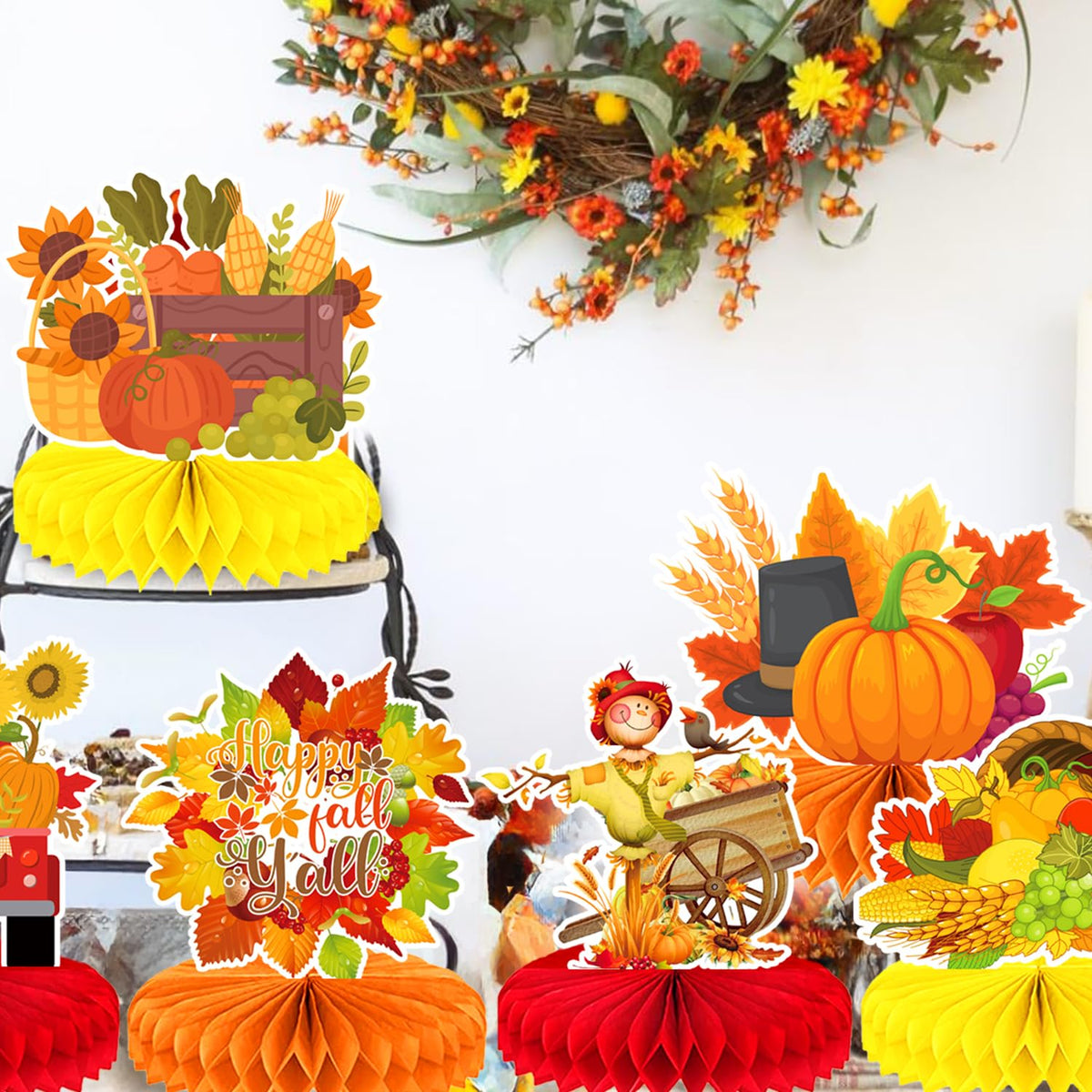 9Pcs Fall Centerpiece Table Decorations Fall Party Decorations Thanksgiving Table Centerpiece Turkey Centerpiece Pumpkin Honeycomb for Thanksgiving Table Decoration Autumn Birthday Party Supplies