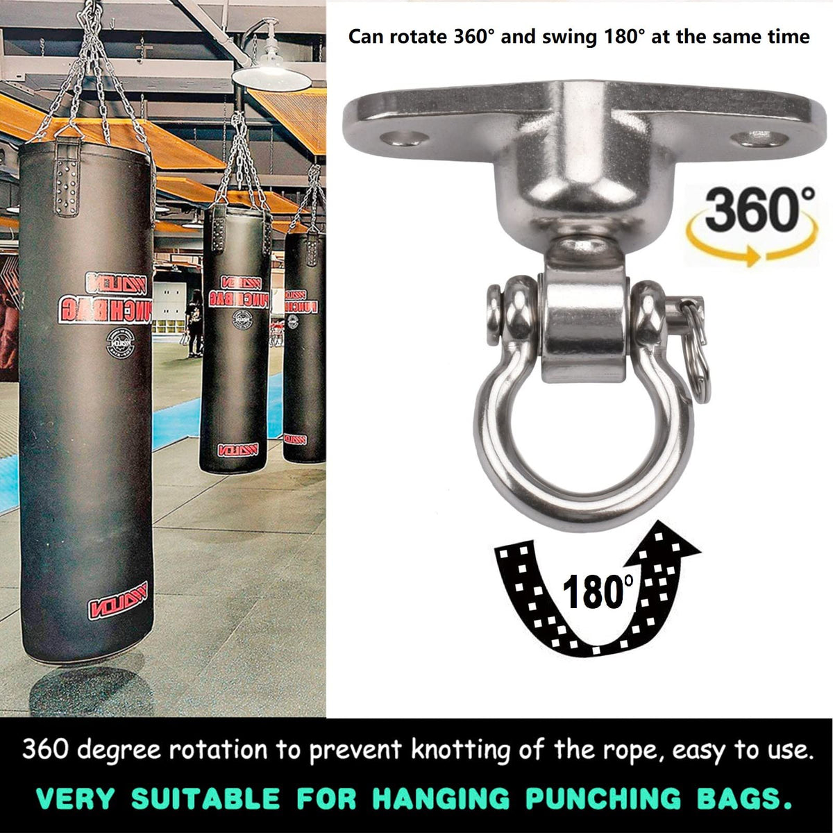 WWFFEN 2 Antirust Swing Hanger Heavy Duty 360°+180°Rotation 1500LB Capacity Wood Playground Yoga Hammock Chair, Rope sandbag