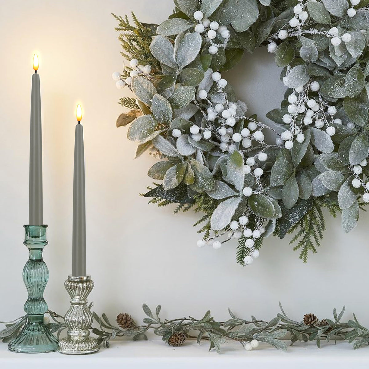 CVHOMEDECO. Flameless Taper Candles with 10-Key Remote, Battery Operated Led Flickering 3D Wick Window Candles Real Wax Finished Home Christmas Party Decor 0.78 x 11 Inch, Pack of 2, Grey