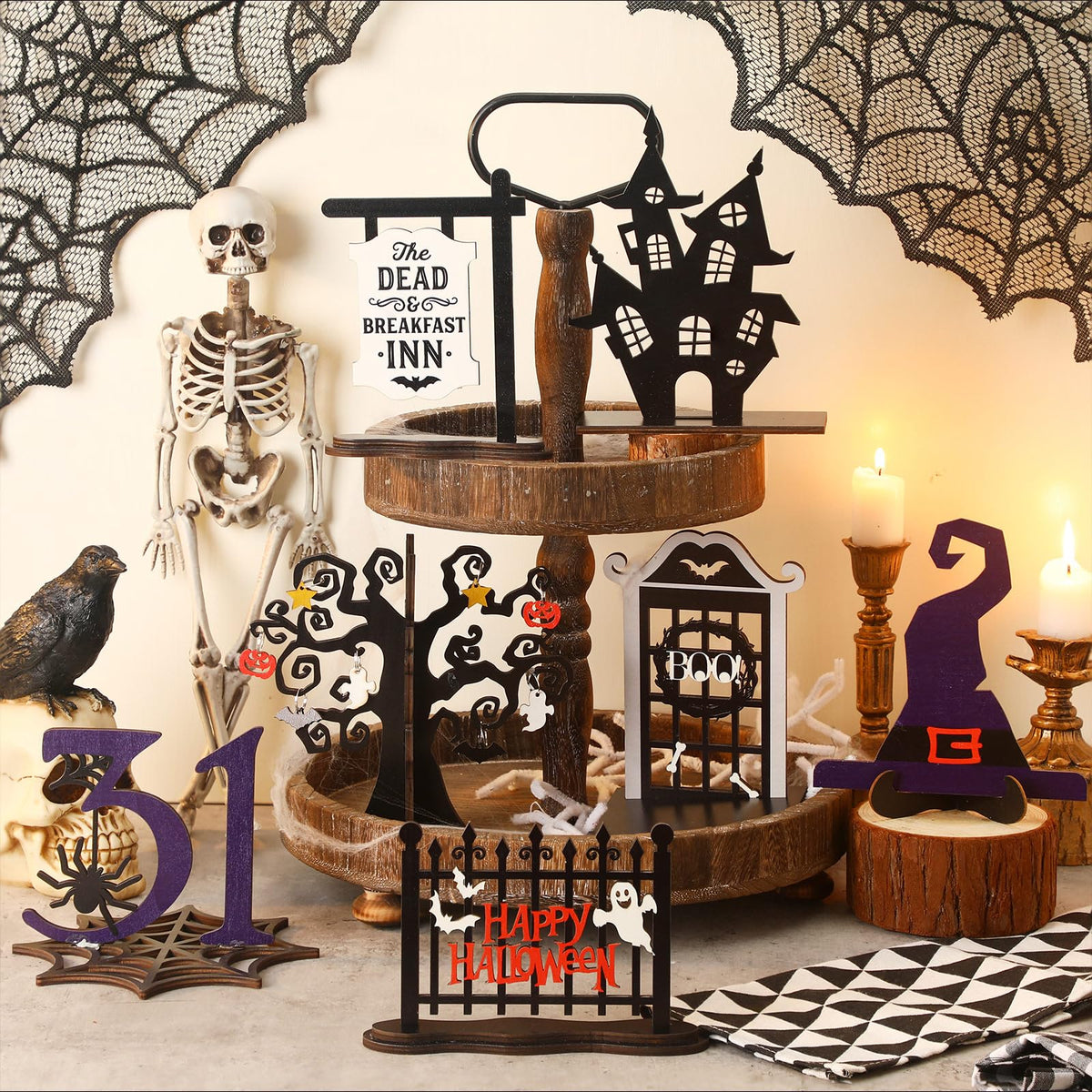 Soaoo 7 Pcs Halloween Wood Centerpieces Decorations 3D Halloween Tiered Tray Wood Decor Spooky Theme Decorations Ghost Party Table Topper for Home Table Shelf Party Display Centerpieces Photo Prop