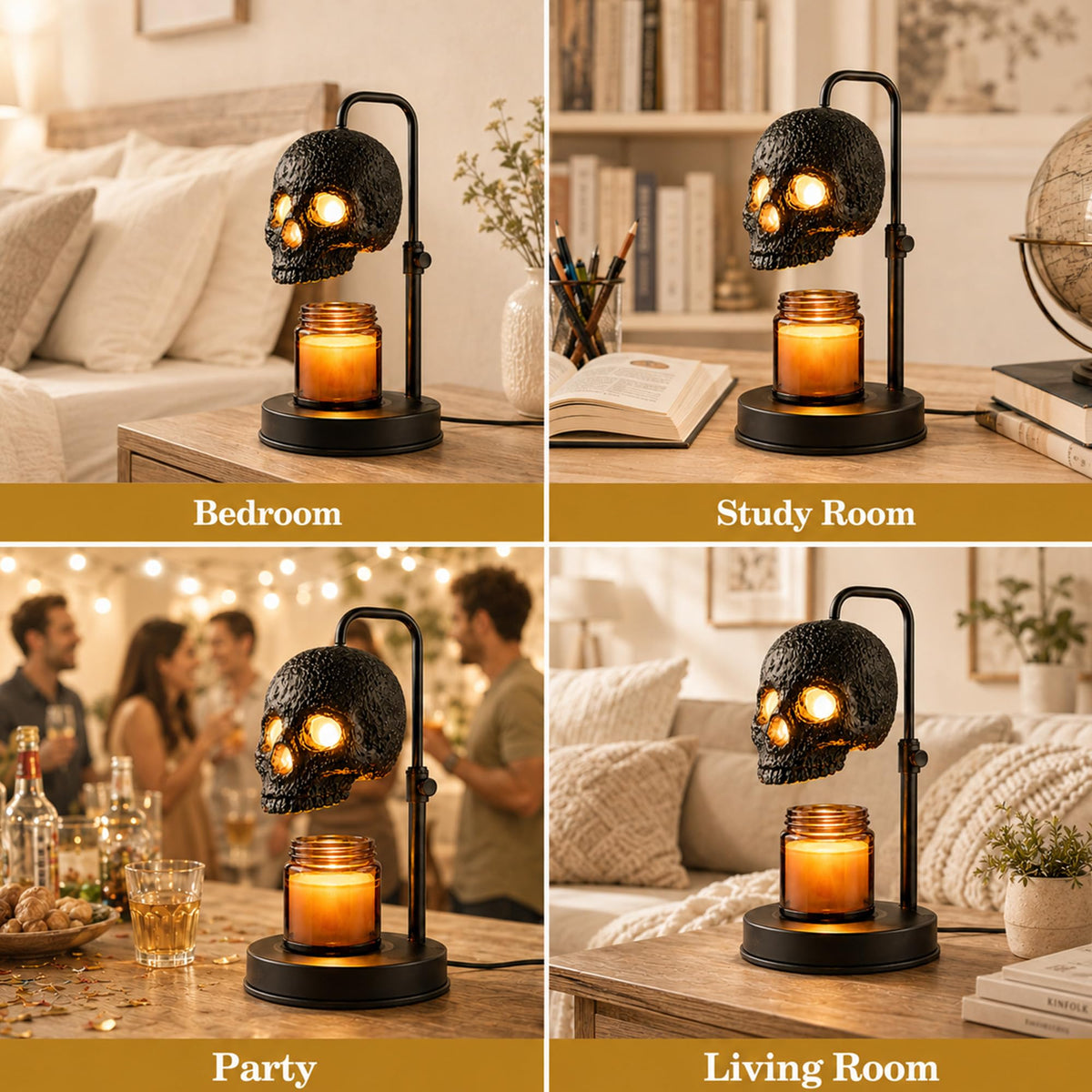 Skull Candle Warmer Lamp with Timer and Dimmer, Gothic Candle Holder Height Adjustable with 2 Light Bulbs,Black Spooky Gothic Home Decor,Halloween Witchy Gifts
