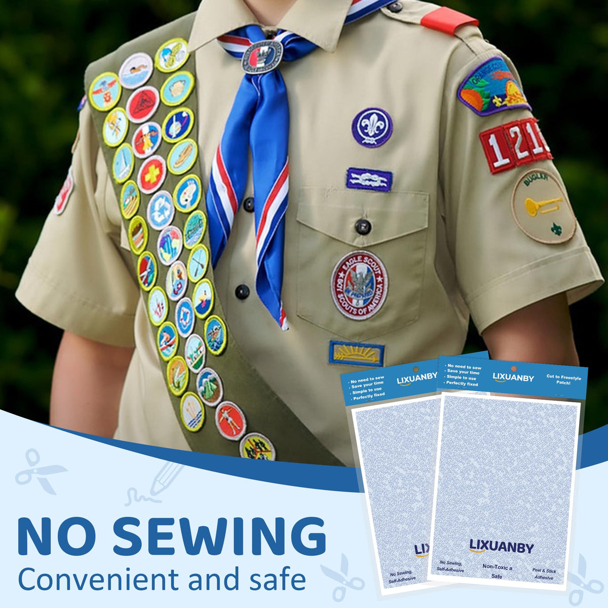 Patch Magic Adhesive, No Iron or Sew Required, Double-Sided Magic Patch Stickers Washable for Girl Guides and Boy Scouts Brownie, Clothing Patches, Fabric, Cut to Size