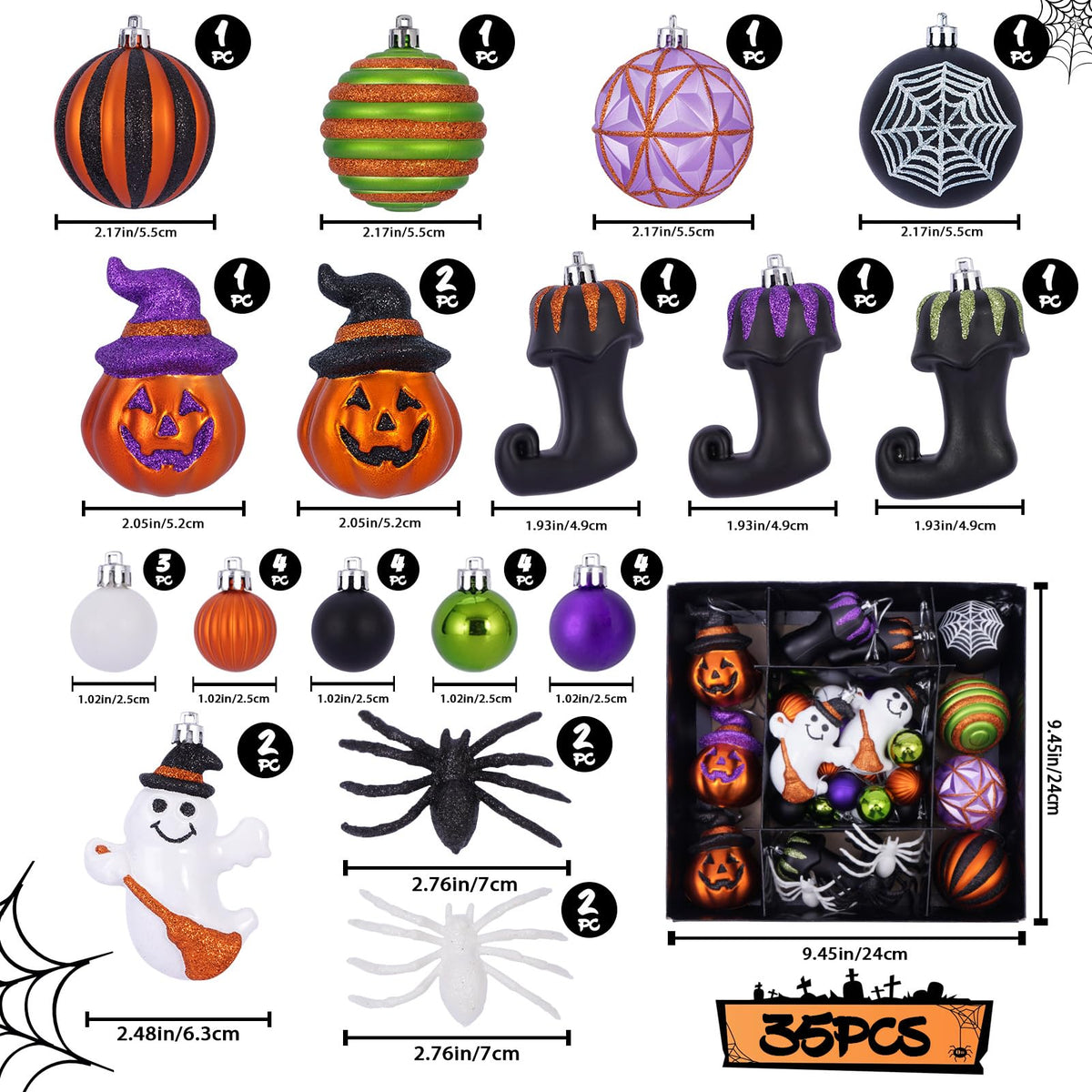 Fashlits Halloween Ball Ornaments Set, Shatterproof Halloween Tree Decorations Cute Pumpkim Ghost Spider Hanging Ornaments for Holiday Party Indoor Home Decor (35Pcs)
