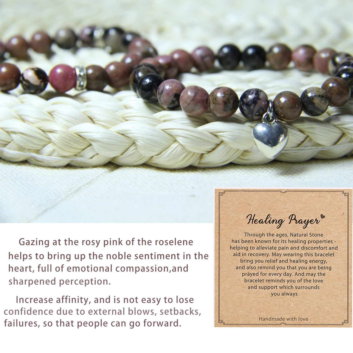 GDLKPYHS Healing Bracelets for Women - Rhodonite Bracelet - Healing Prayers Crystal Bracelet, 8mm Natural Stone Stress Relief Yoga Beads Get Well Soon Gifts