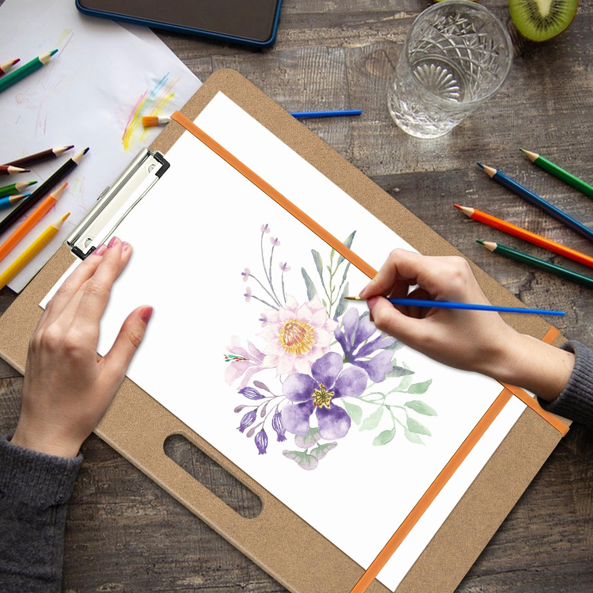 Drawing Board 13x17 Sketch Board with Handle, Portable Wooden Art Clipboard with Sturdy Clip and Rubber Bands, Lightweight Drafting Board Fits in Artists Tote for Sketching, Drawing & Painting