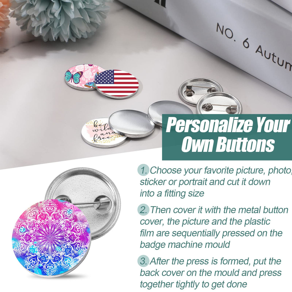 1500 Piece 25 mm/1 Inch Button Making Supplies Kit - Round Badge Blank Button Pins, Metal Parts, Including Cover and Clear Film