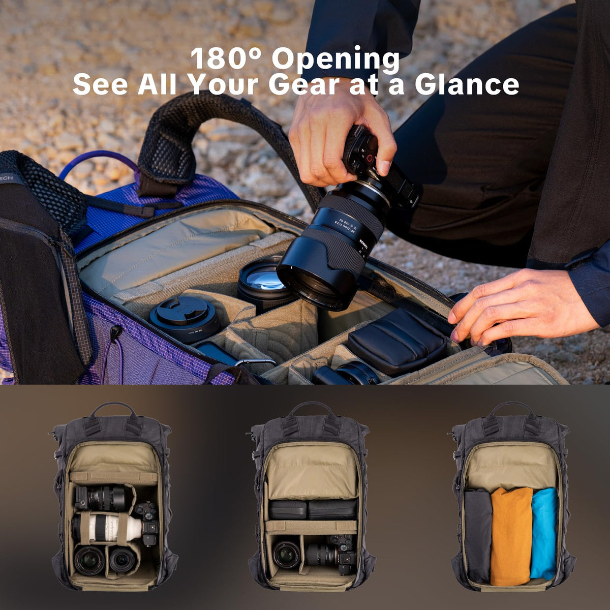 PGYTECH OnePro Ultralight Camera Backpack, Expandable Camera Bag 30L for Photographers, Outdoor Travel Bag with Dividers and 16" Laptop Sleeve, Compatible with DSLR/Drones/Mirrorless (Aurora Purple)