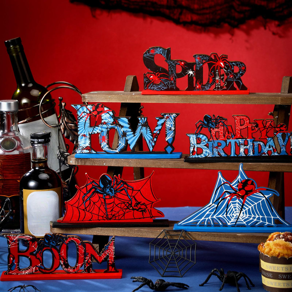Yuntau 6 Pcs Spider Bithday Party Decoraions Spider Wooden Table Decorations Red and Blue Pattem Design Happy Birthday Table Centerpiece Sign for Boy Cartoon Party Supplies