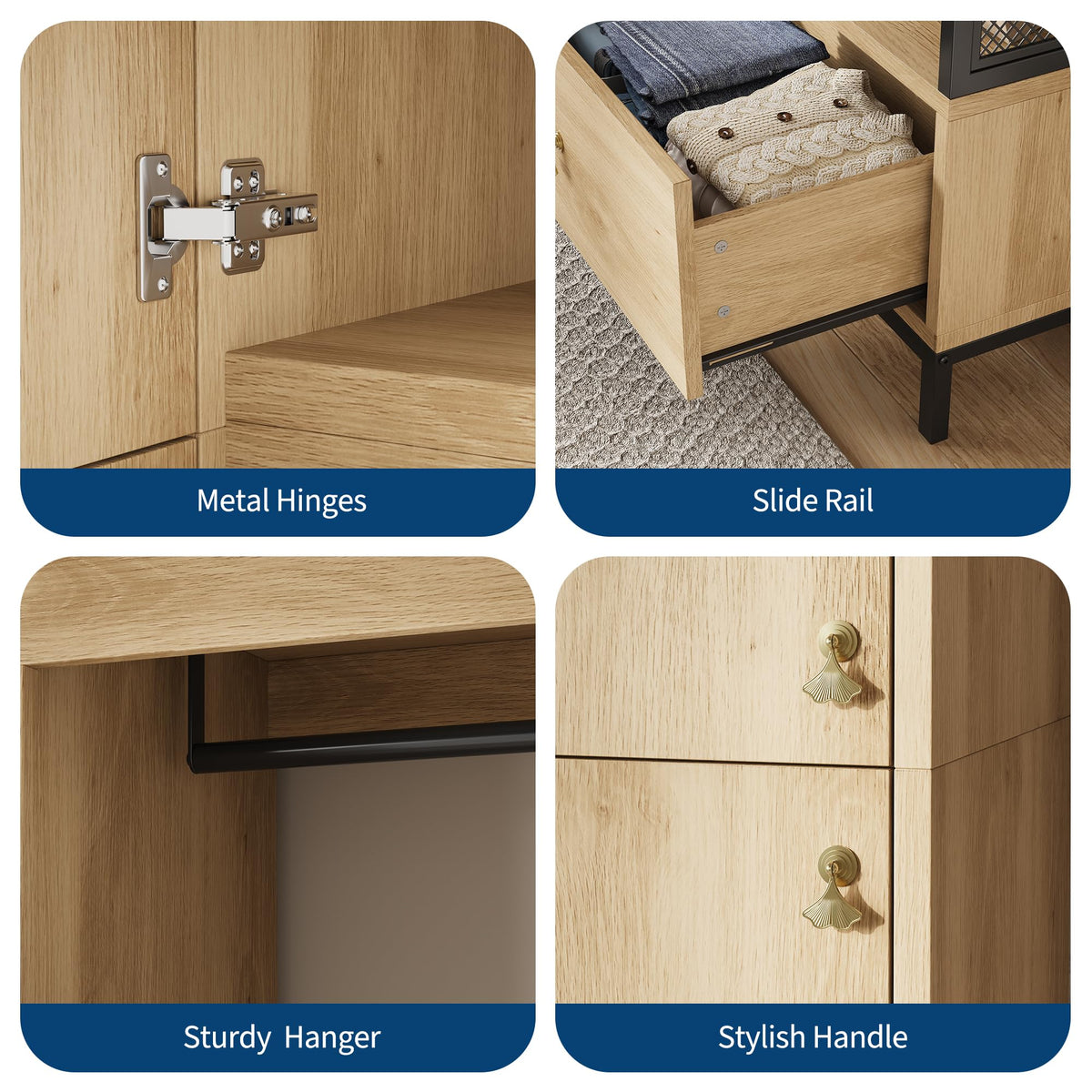 Modern Armoire Wardrobe Closet, Wood and Metal Frame Clothes Storage Organizer with Double Closed Doors, Open Hanging Rod, Bottom Drawer, Freestanding Bedroom Furniture for Small Spaces, Natural Oak