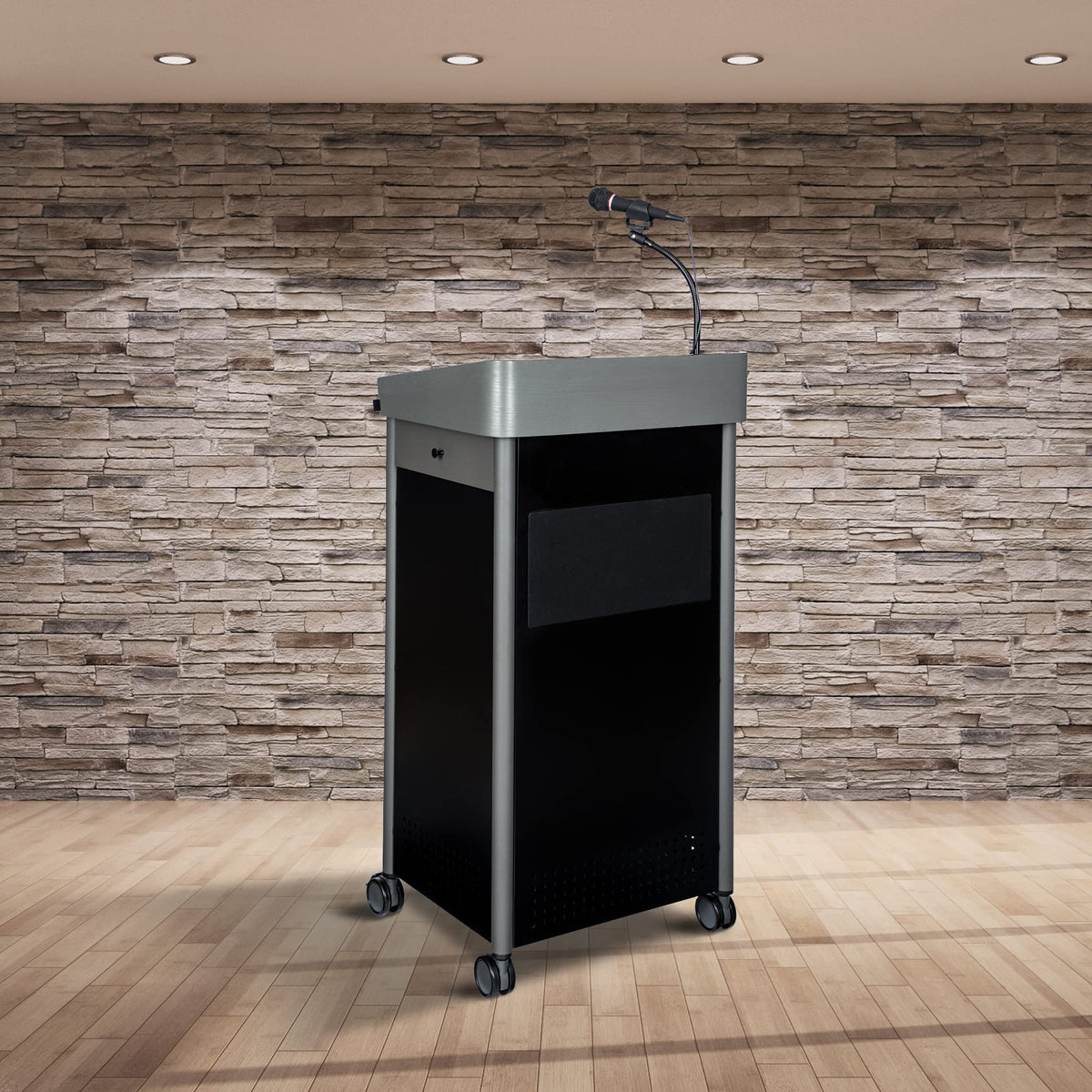 OEF Furnishings CoreSound Media Series Floor-Standing Mobile Lectern (No Microphone, AC Powered, Charcoal Finish)