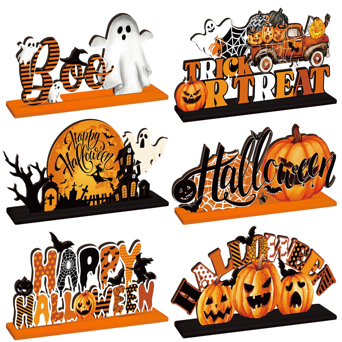 6 Pcs Happy Halloween Table Decorations Pumpkin Ghost Table Centerpiece Witch Trick or Treat Boo Wooden Sign with Letter for Home Halloween Party Decorations Indoor Outdoor