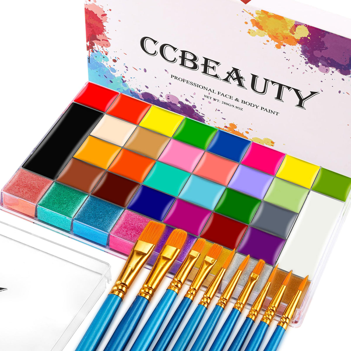 CCbeauty Professional 36 Colors Face Body Paint Kit, Largest Oil Based Hypoallergenic Neon Face Painting Palette Set with 10 Brushes for Halloween SFX Special Effects Cosplay Costume Makeup