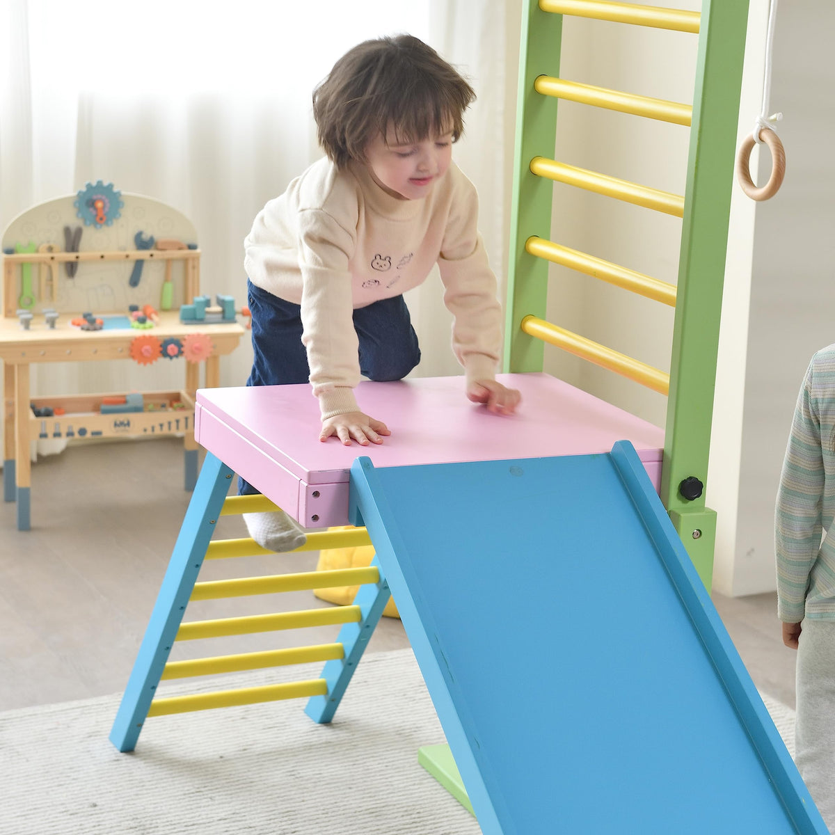 Avenlur Grove 9-in-1 Indoor Jungle Gym Playground: Montessori Waldorf Style Wood PlaySet for Kids, and Toddlers Features Monkey Bars, Rope Wall Net, Ladder, Climber, Slide, Ring Set. Ages 2-11yrs