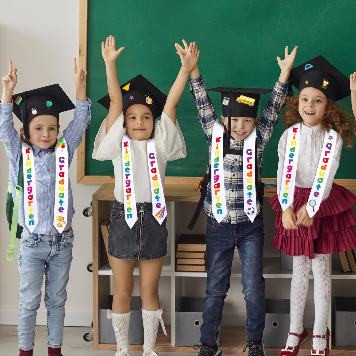 6 Pcs 2026 Preschool Kindergarten Graduation Cap Stole Iron on Letter Set Unisex Cap and Graduation Sash Sublimation Blank Stole Graduation Gifts for Kids Iron on Letters for DIY Craft